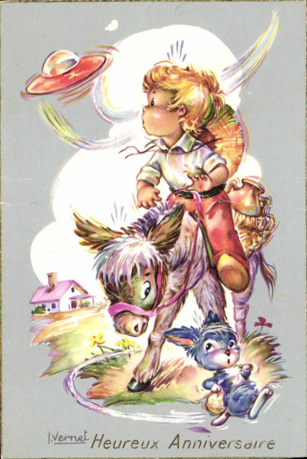 CPA Heureux Anniversaire Ane Mule
