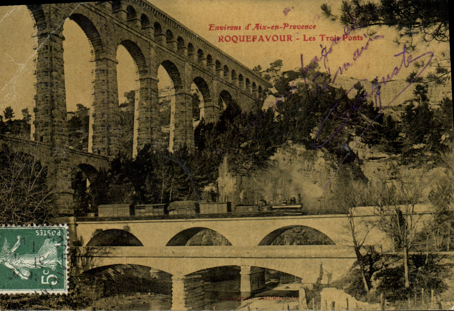 CPA Environs d'Aix en Provence Roquefavour Les Trois Ponts Train a vapeur