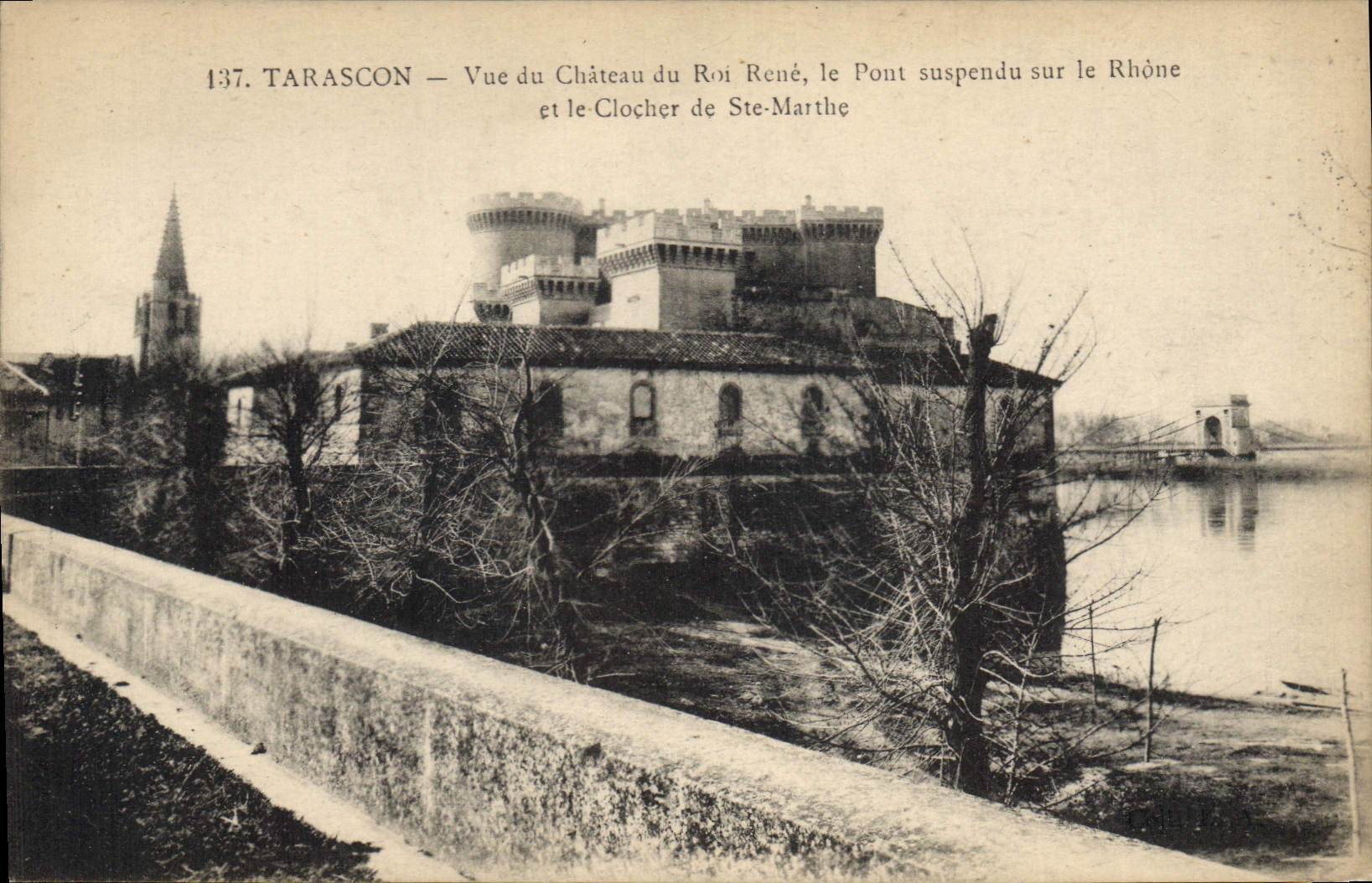 CPA Tarascon vue du Chateau du Roi Rene le Pont suspendu sur le Rhone et le Clocher de Ste Marthe