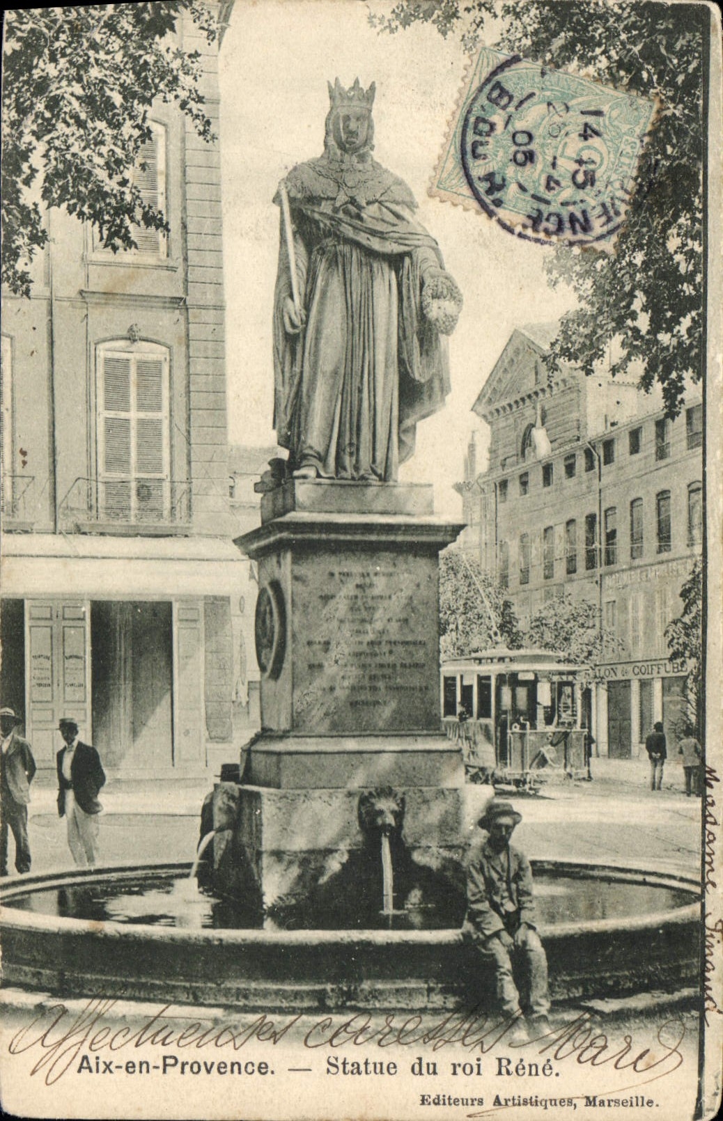 CPA Aix en Provence Statue du Roi Rene Tramway