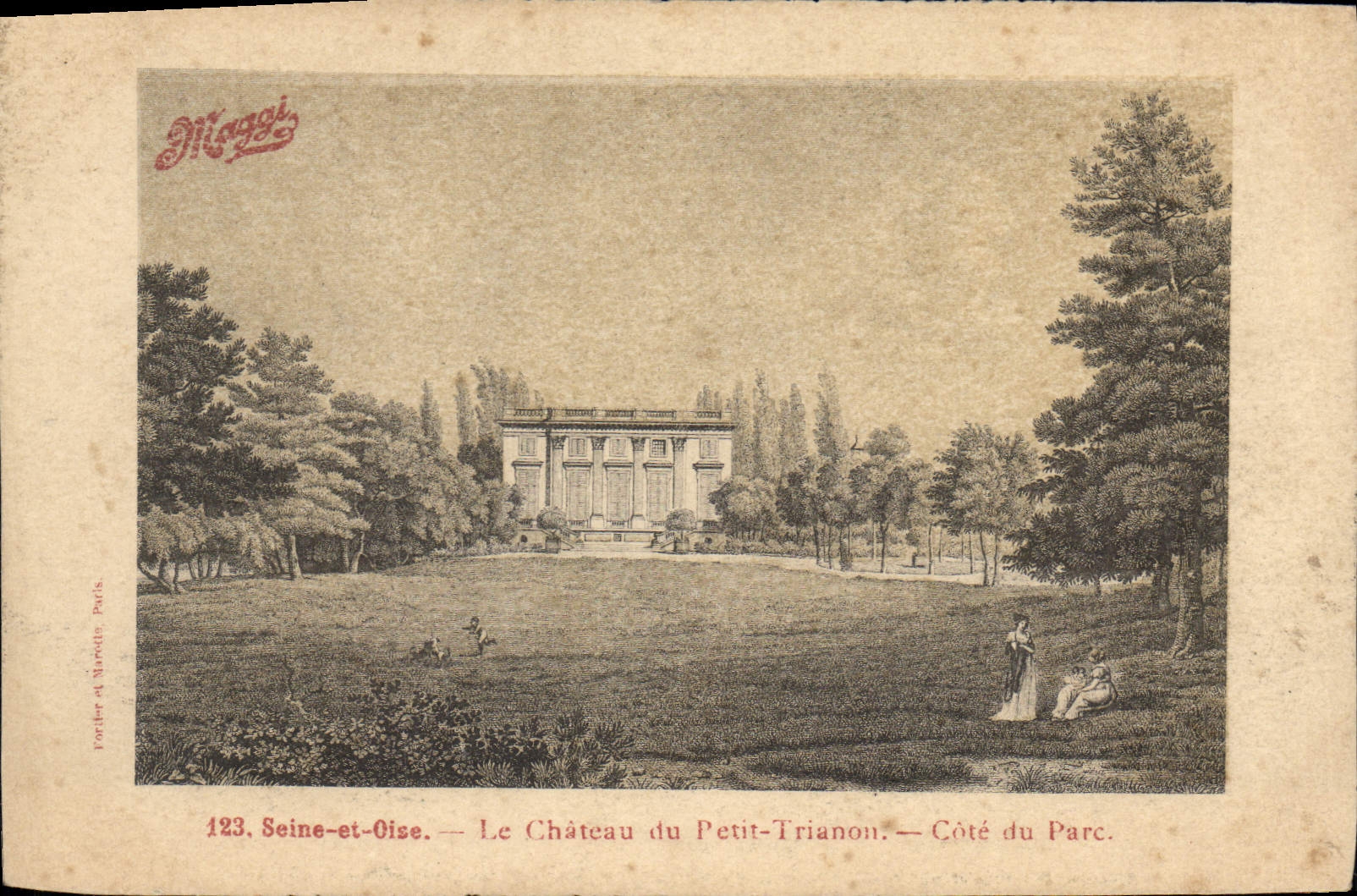 CPA Seine et Oise Le Chateau du Petit Trianon Cote du Parc Publicite Maggi