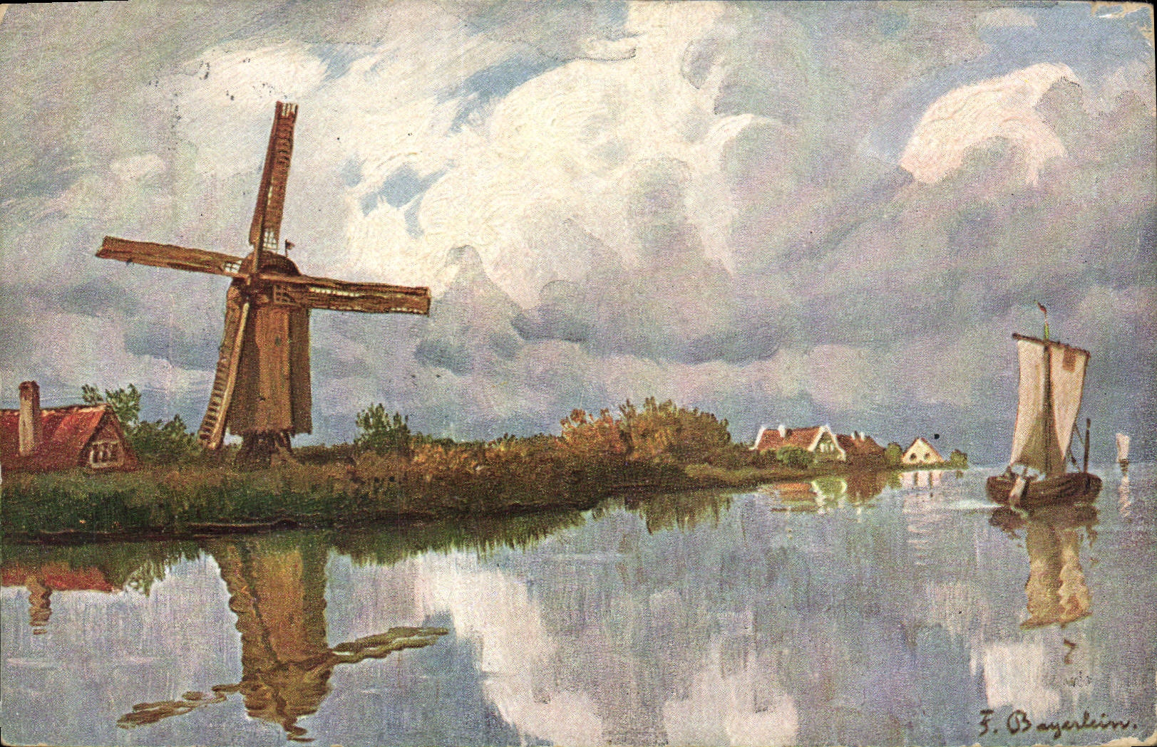 CPA Moulins a vent Bateau