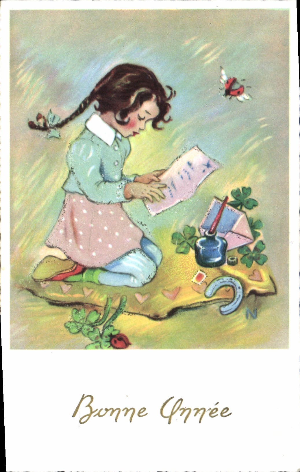 CPA Bonne Annee Enfant Fer a chevak Trefles