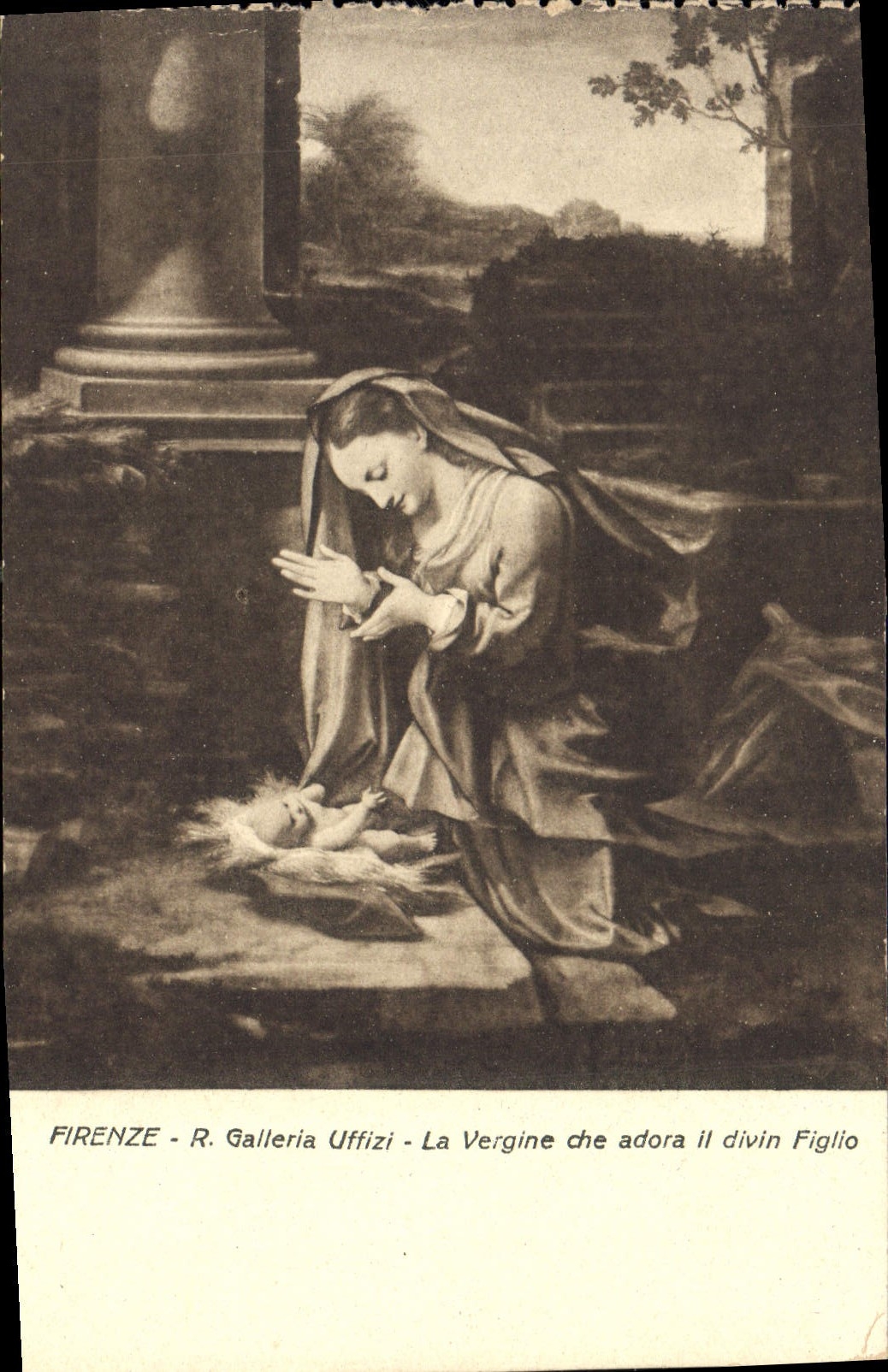 CPA Firenze R Galleria Uffizi la Vergine che adora il divin Figlio