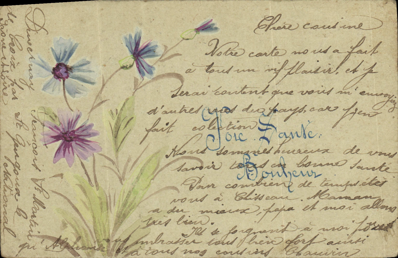 CPA Fleurs (dessin a la main)