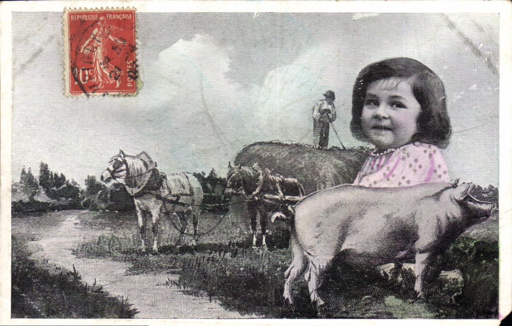 CPA Fantaisie Enfant Chevak Cochon Porc