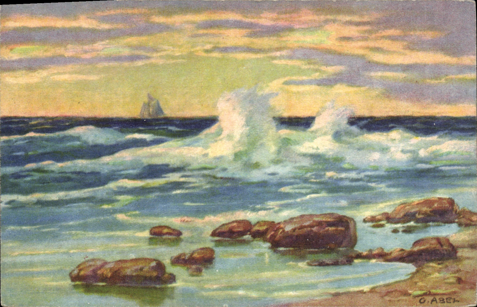 CPA Bords de Mer Avec voilier a l'horizon Bateau