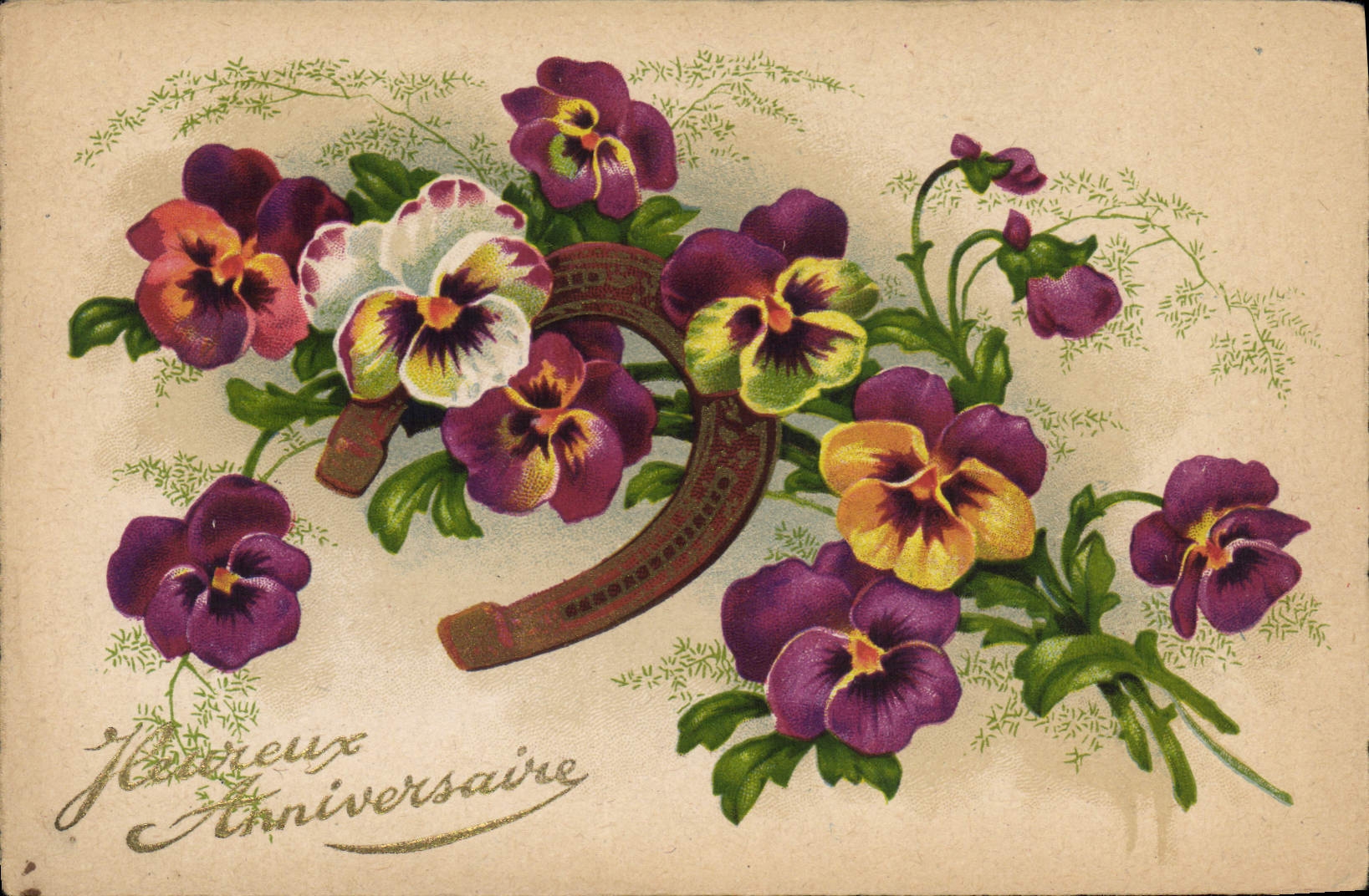 CPA Heureux Anniversaire Fleurs Fer a cheval