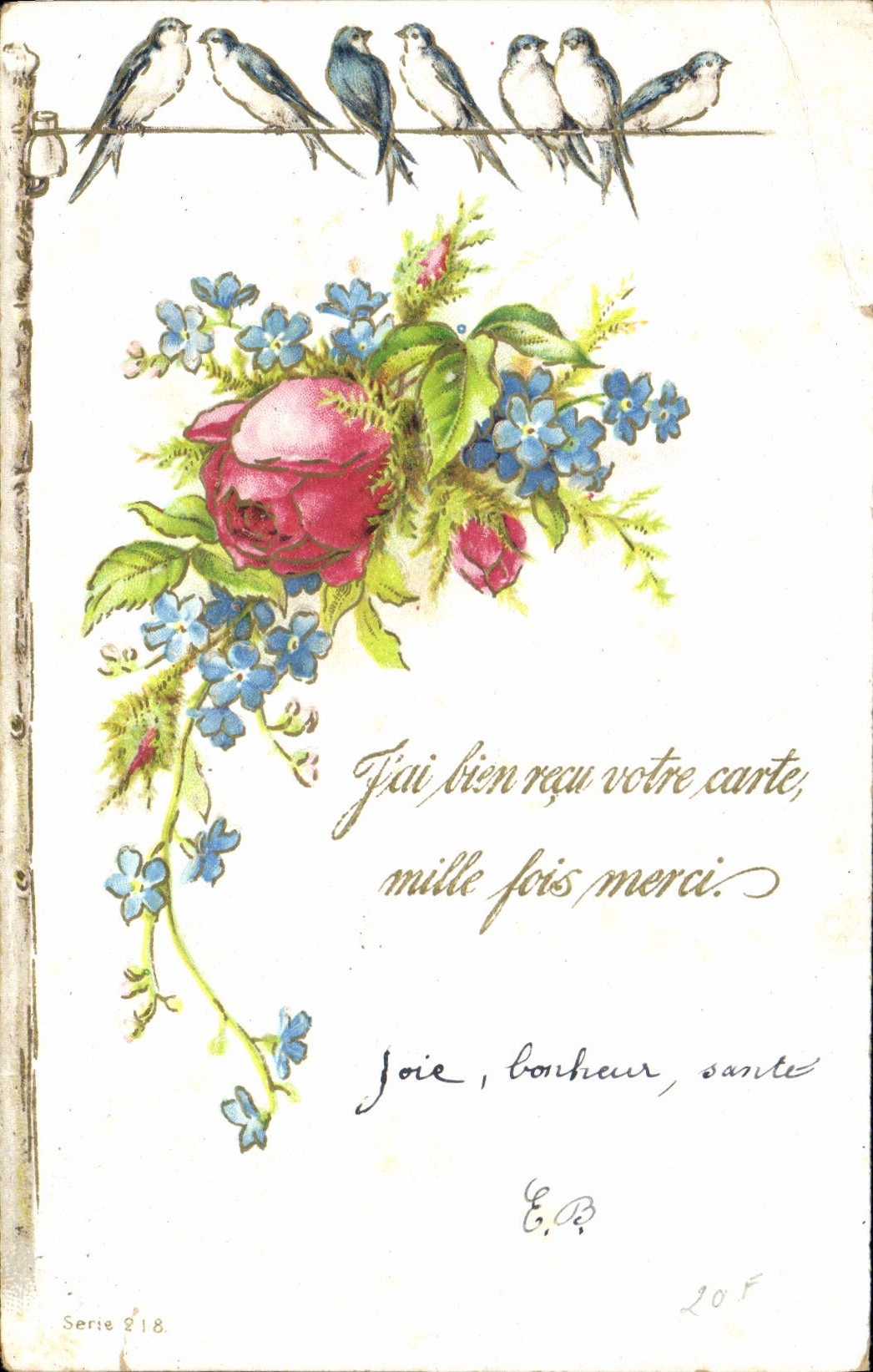 CPA Fai Bien recu votre carte mille fois merci Fleurs Oiseaux