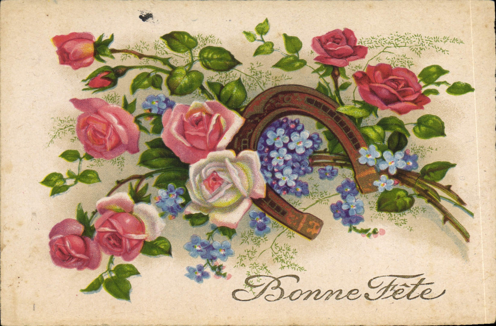 CPA Bonne Fete Fleurs Fer a cheval