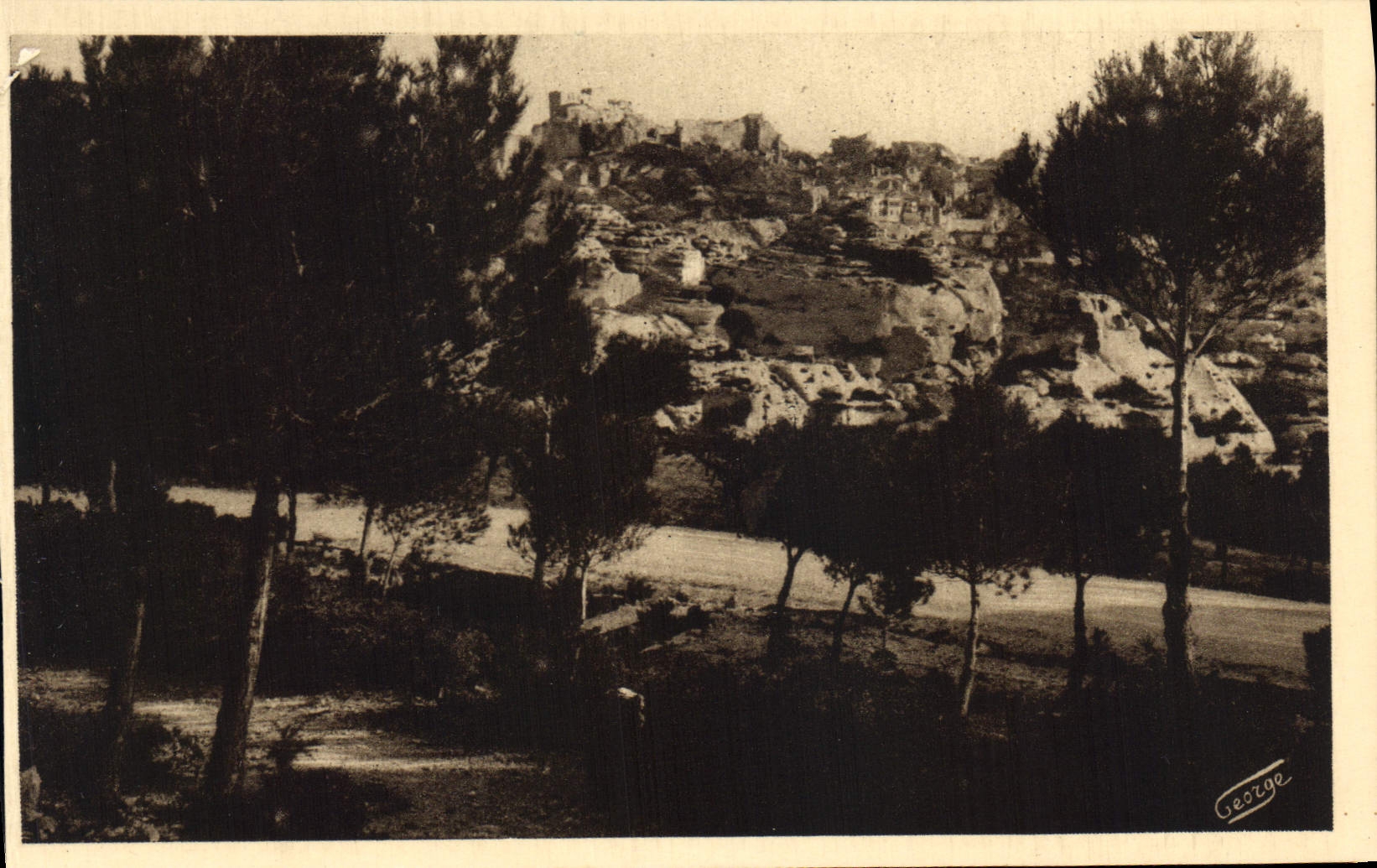 CPA Les Baux vue sur l'antique citee prise a travers les pins de la route de St Remy 