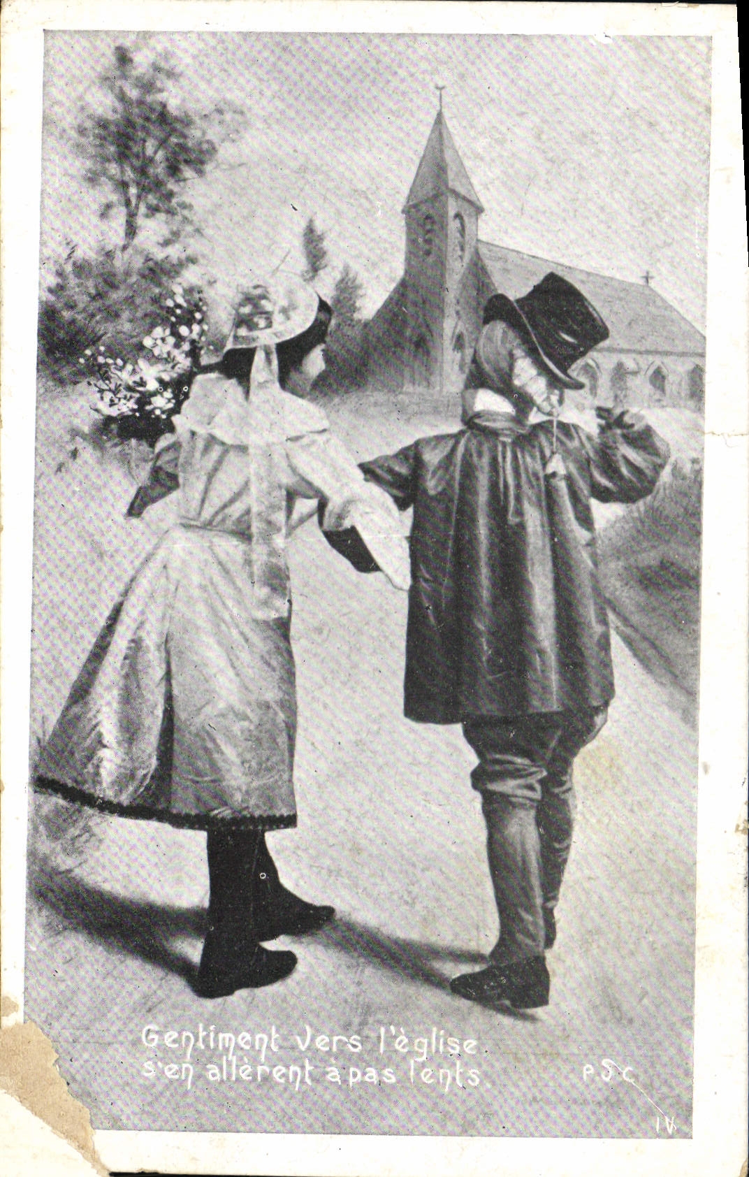 CPA Gentiment vers l'Eglise s'en allerent a pas lents 