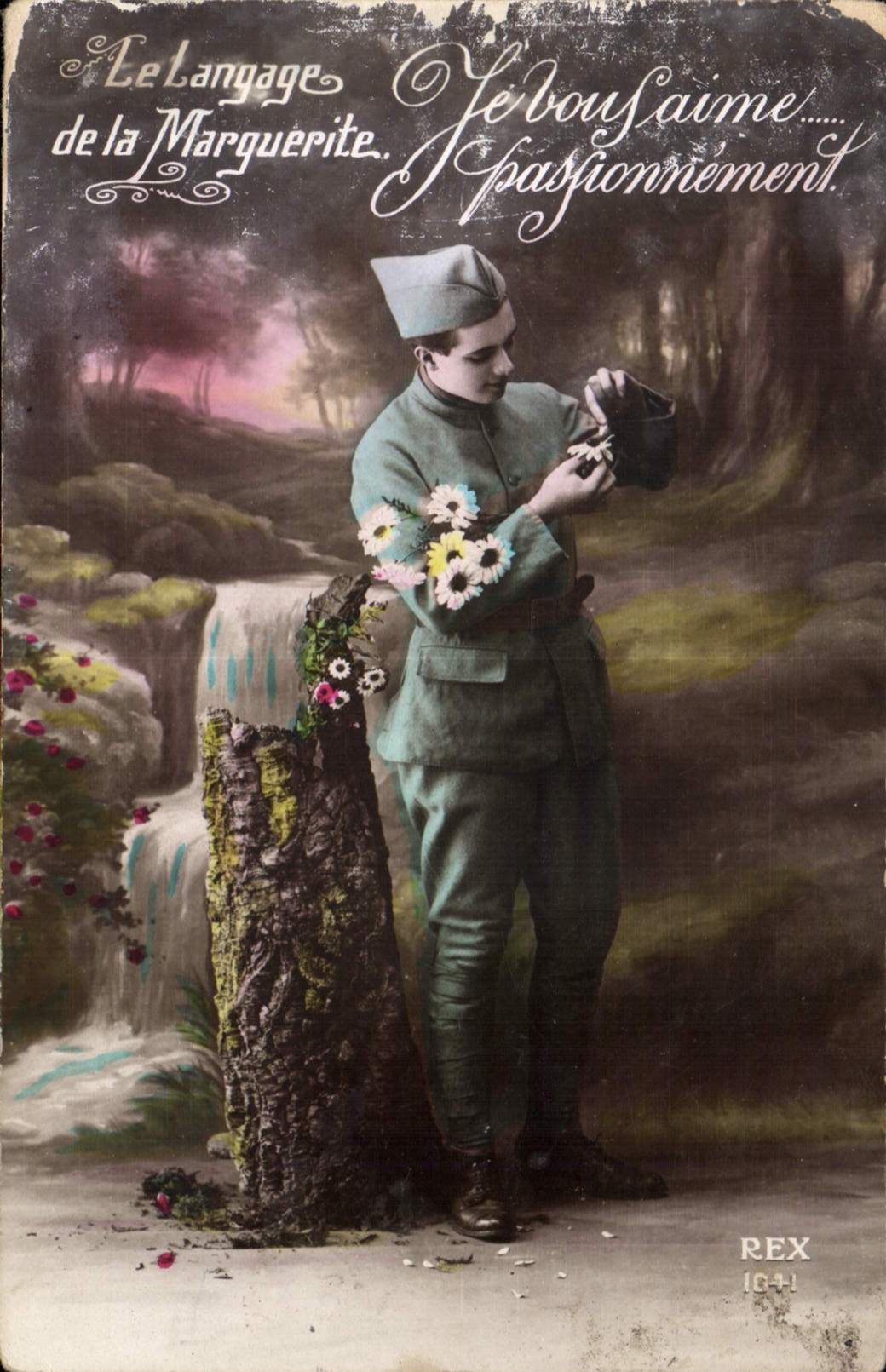 CPA Le Langage de la Marguerite Je vous aime passionnement Militaria