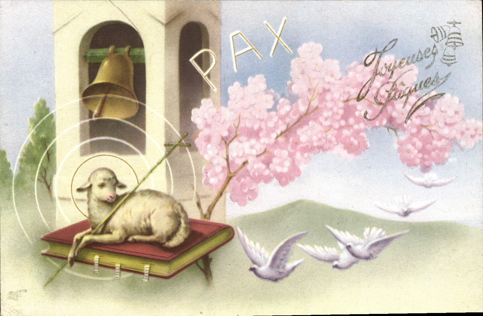 CPA Joyeuses Paques Fleurs Moutons Colombes