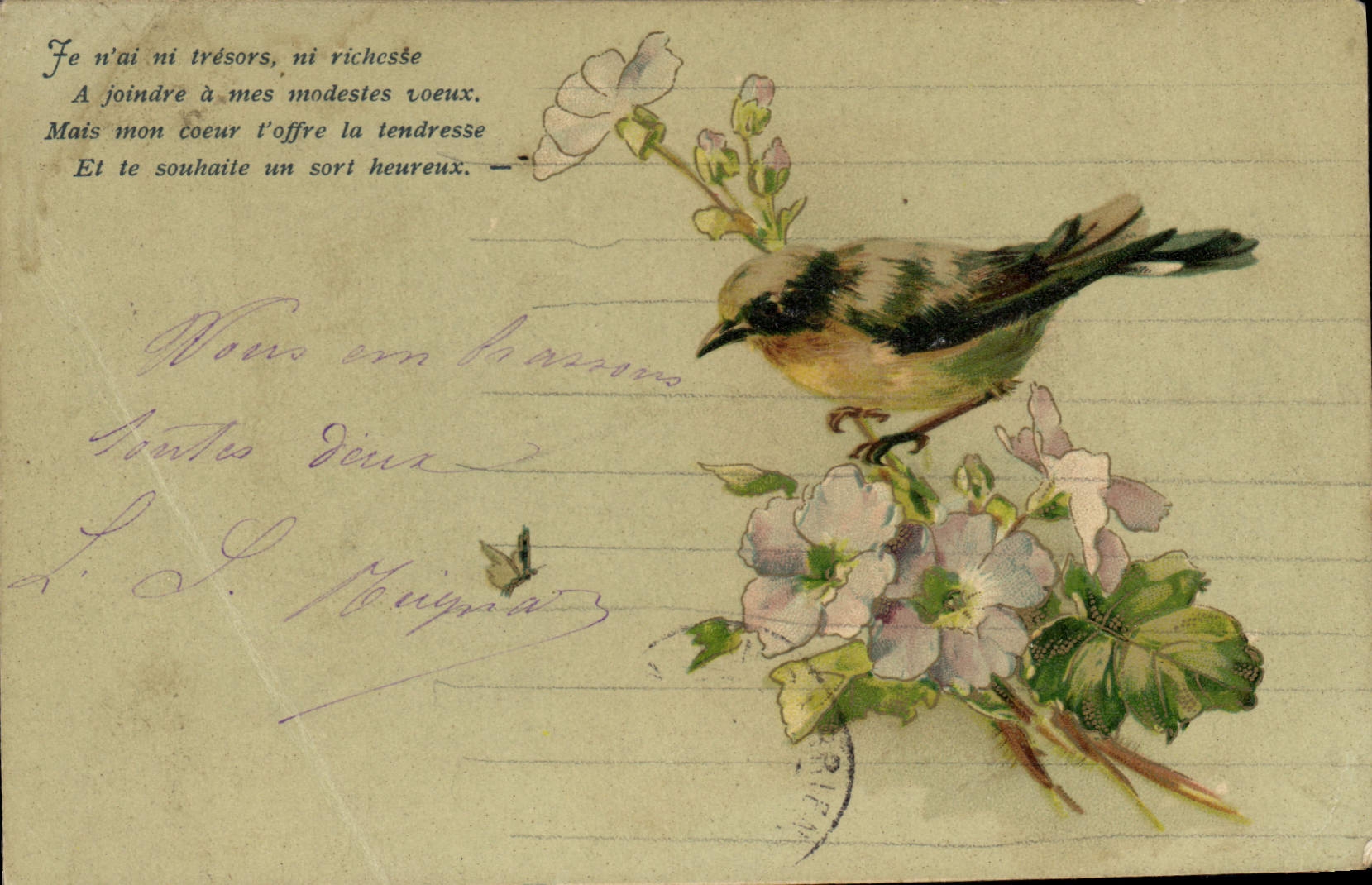 CPA Fantaisie Fleurs Oiseau