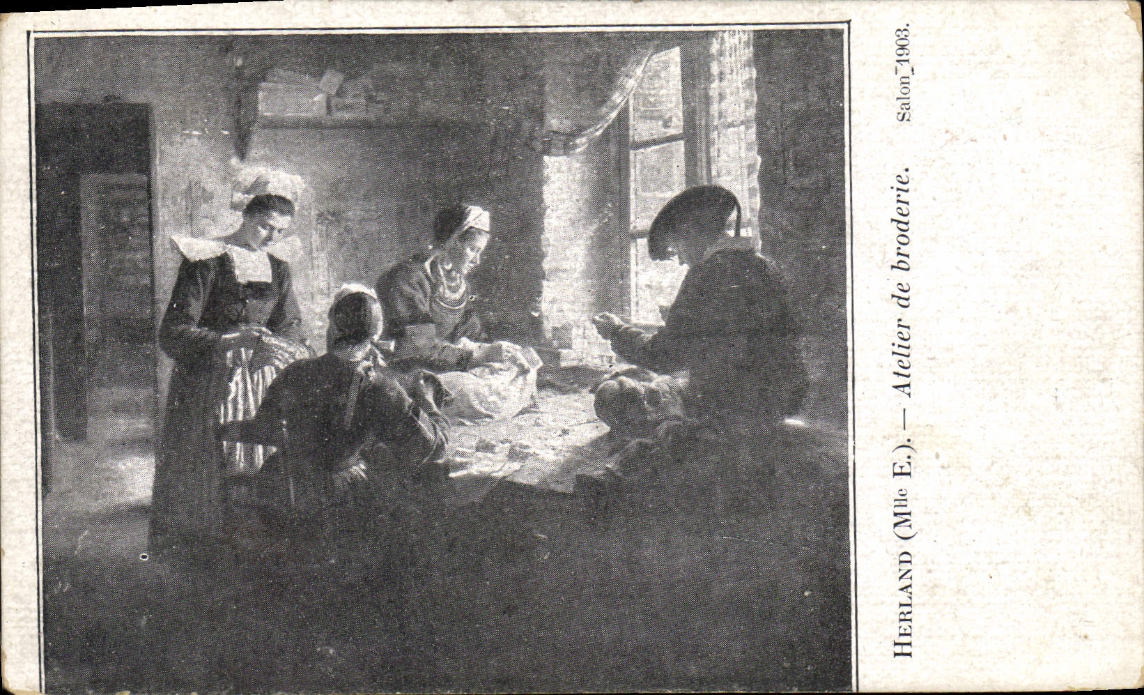 CPA Herland Mlle F Atelier de broderie 