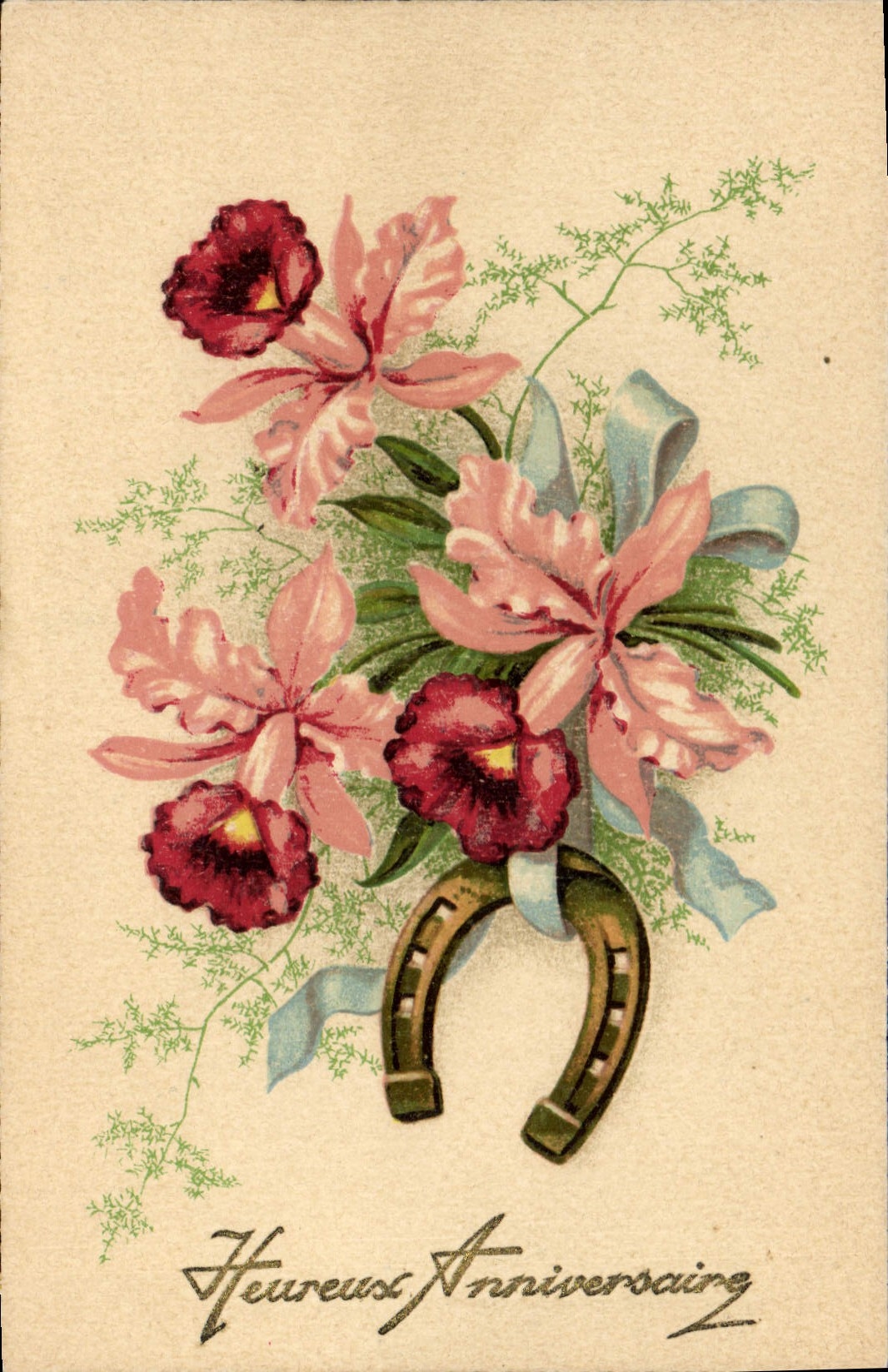 CPA Heureux Anniversaire Fleurs Fer a cheval