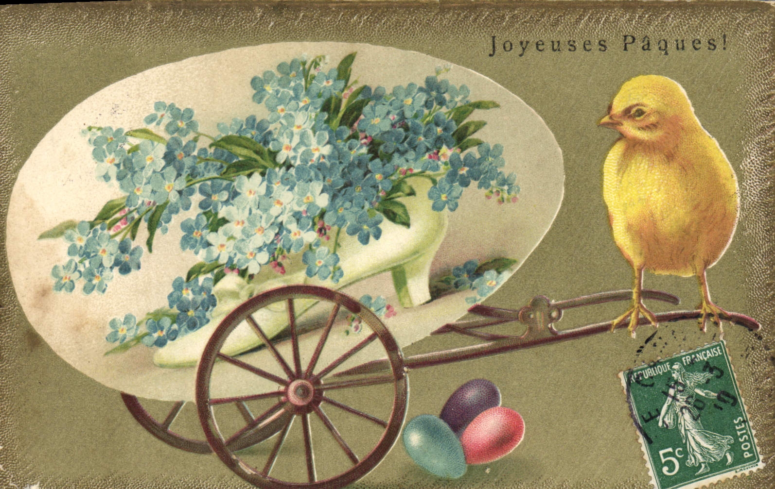 CPA Pâques Poussin Fleurs