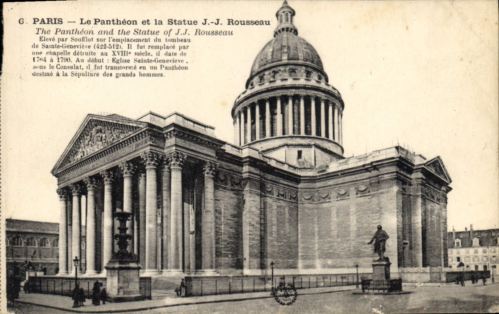 CPA Paris le Pantheon et la statue JJ Rousseau