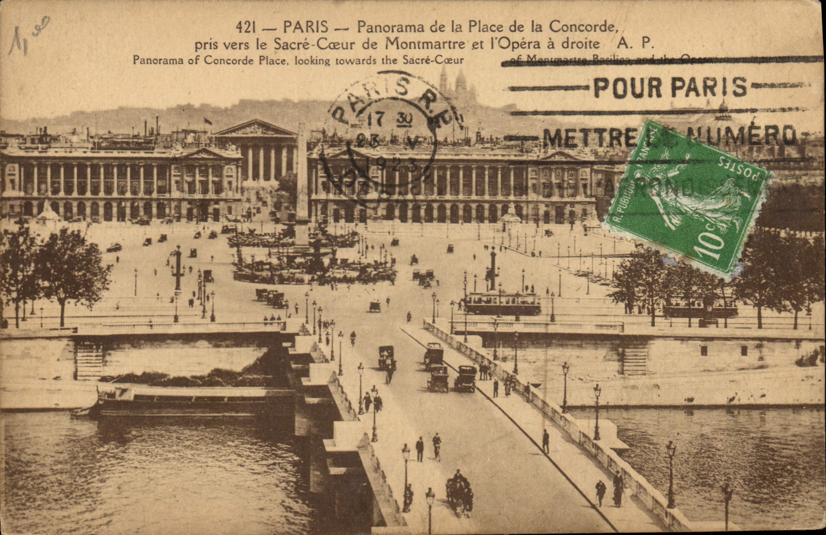 CPA Paris Panorama de la Place de la Concorde pris vers le Sacre Coeur de Montmartre et l'Opera a dr