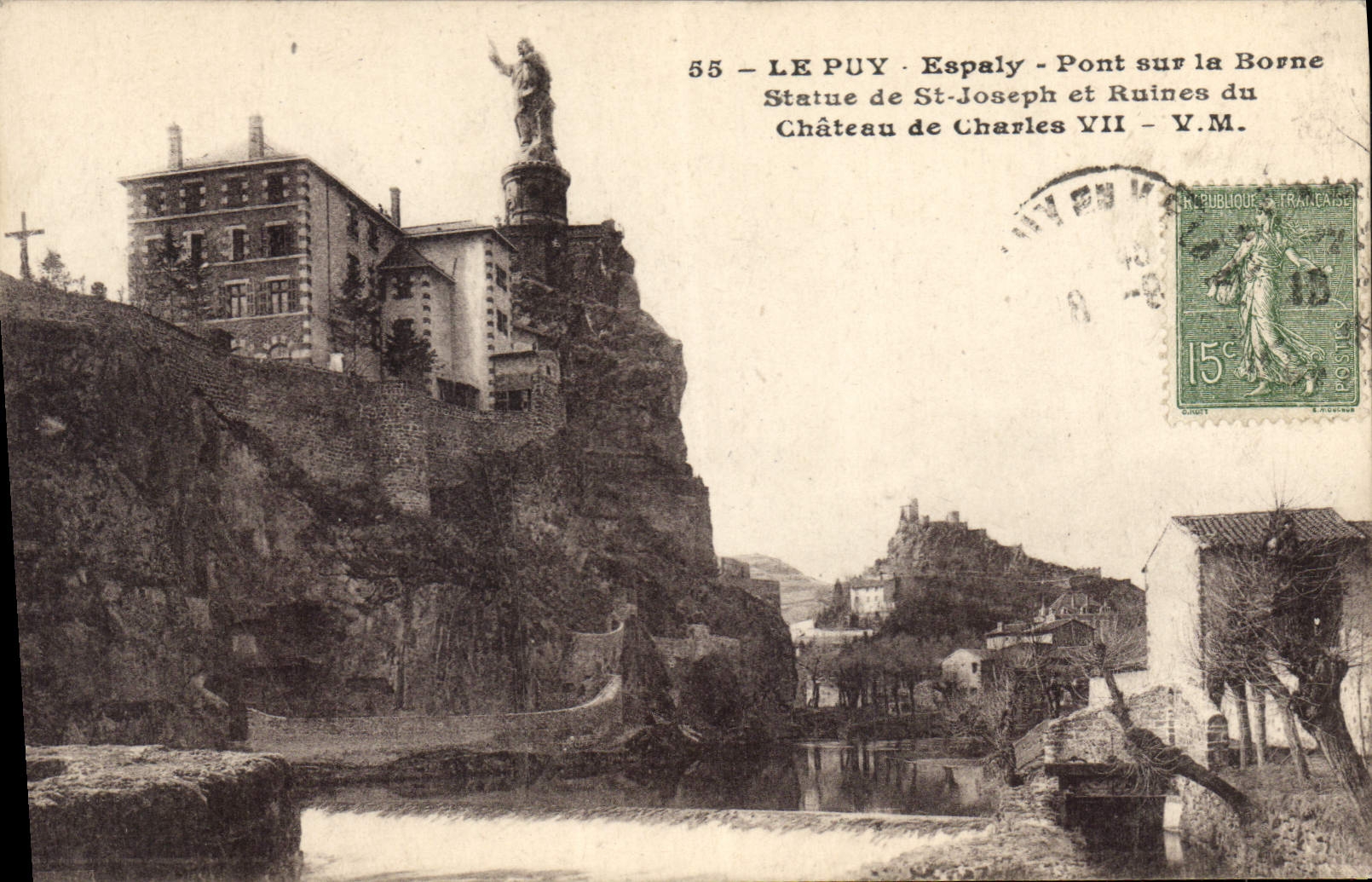 CPA Le Puy Espaly Pont sur la Borne Statue de St Joseph et Ruines du Chateau de Charles VII 
