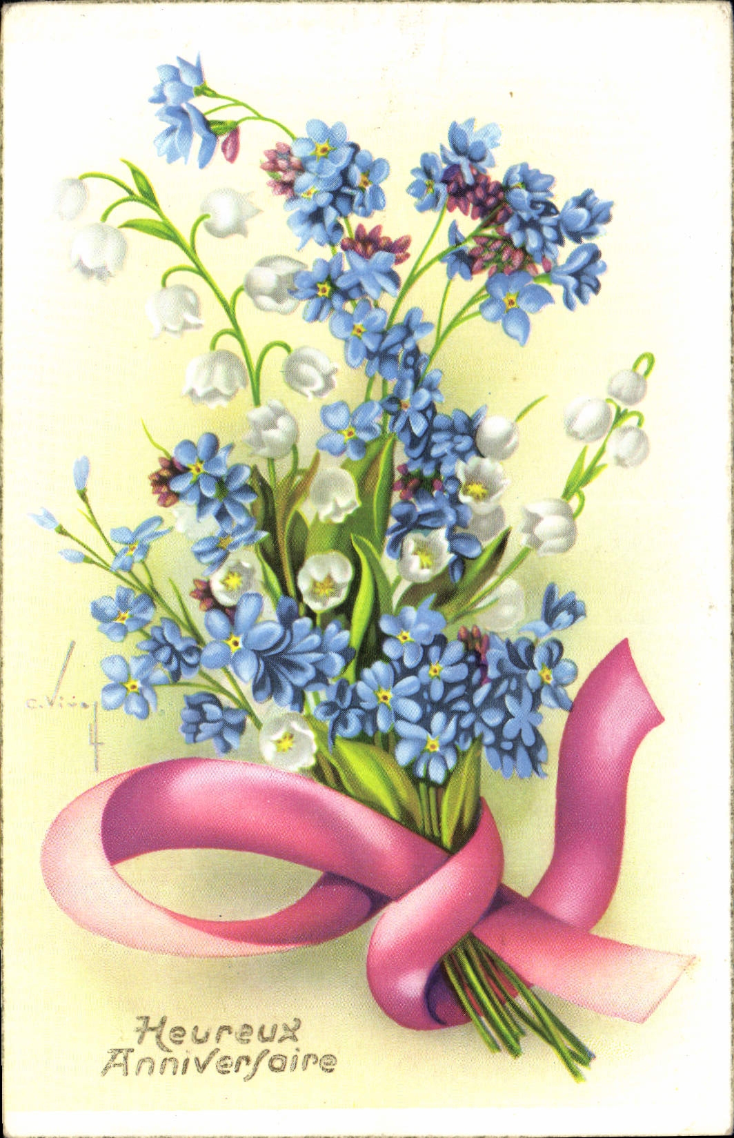 CPA Heureux Anniversaire Fleurs
