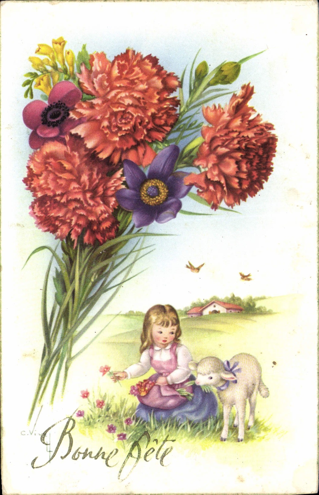 CPA Bonne Fete Fleurs Agneau