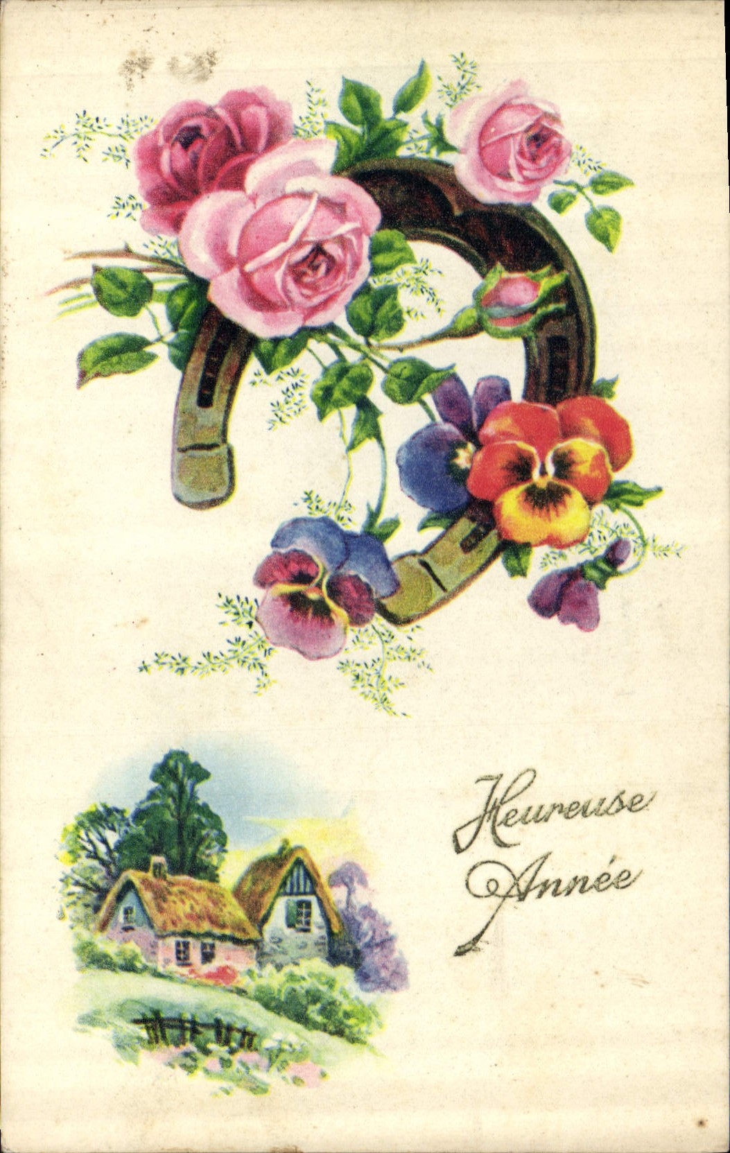 CPA Heureuse Annee Fleurs Fer a cheval