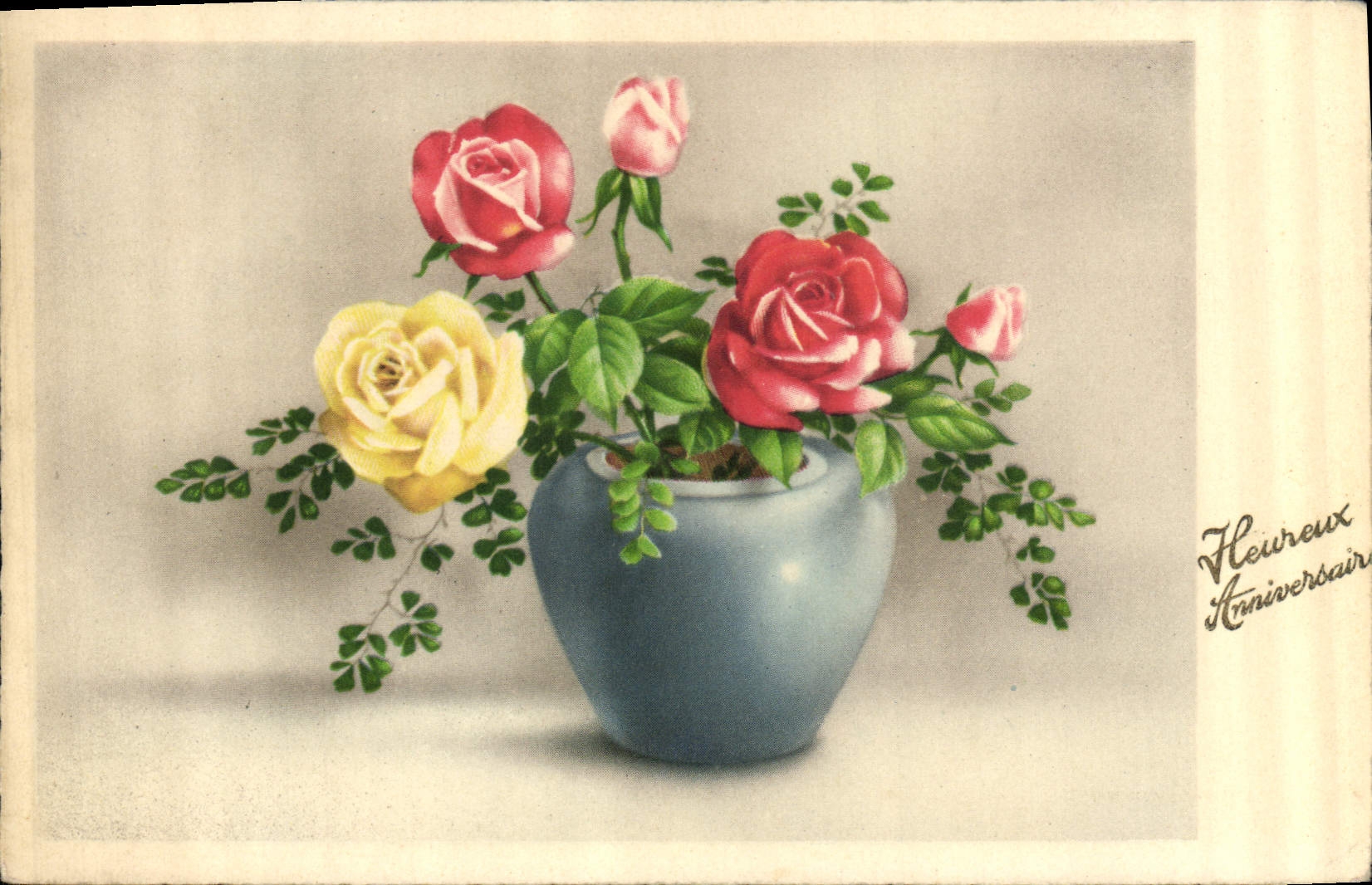 CPA Heureux Anniversaire fleurs