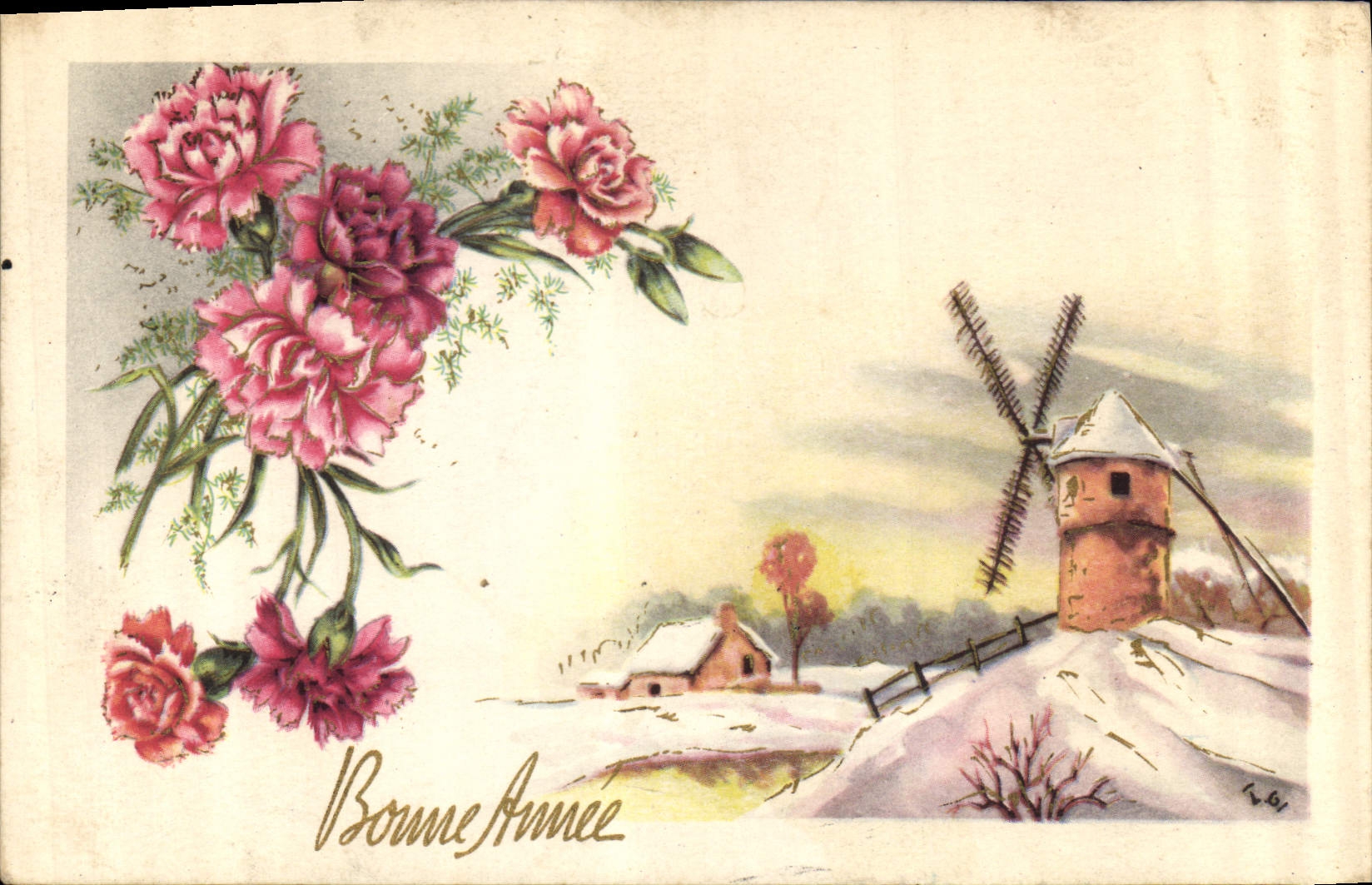 CPA Bonne Annee fleurs Moulin a vent