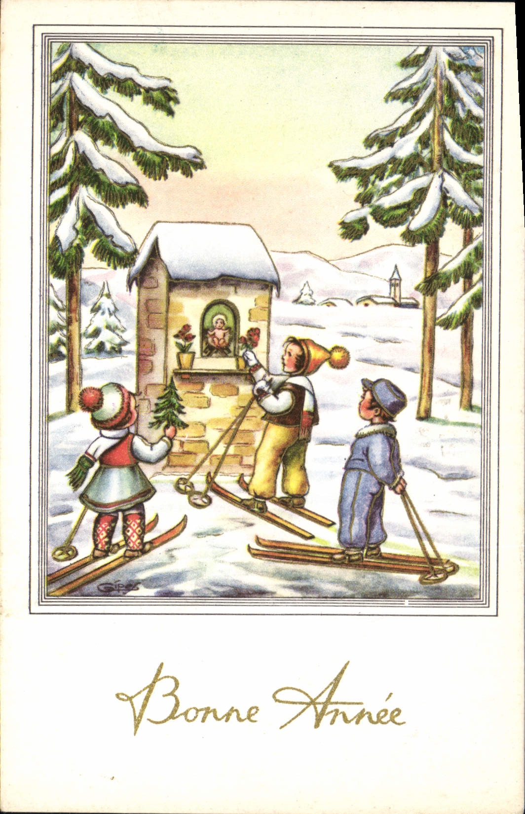 CPA Bonne Annee Enfants ski