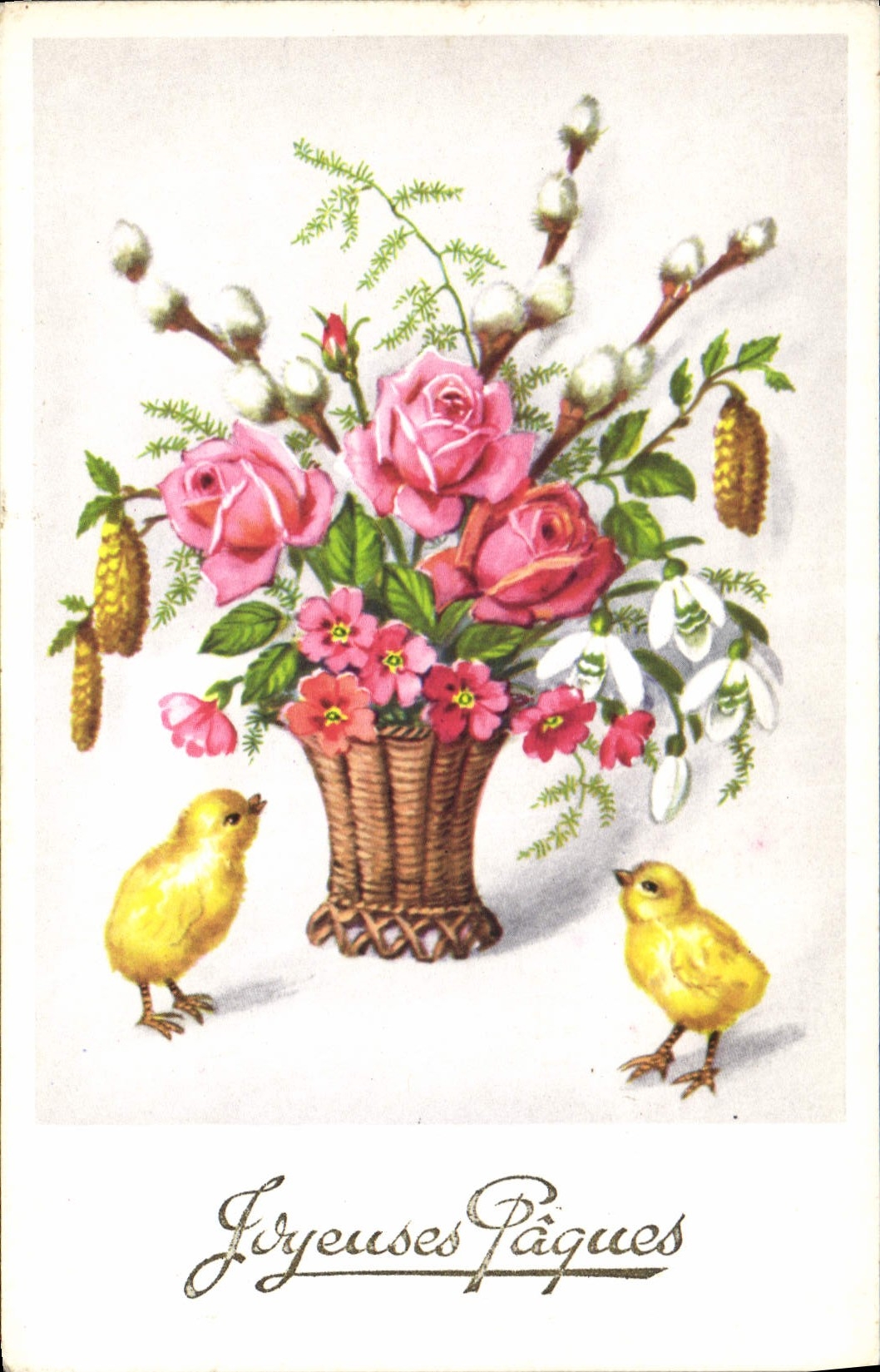 CPA Joyeuses Paques Fleurs Poussins