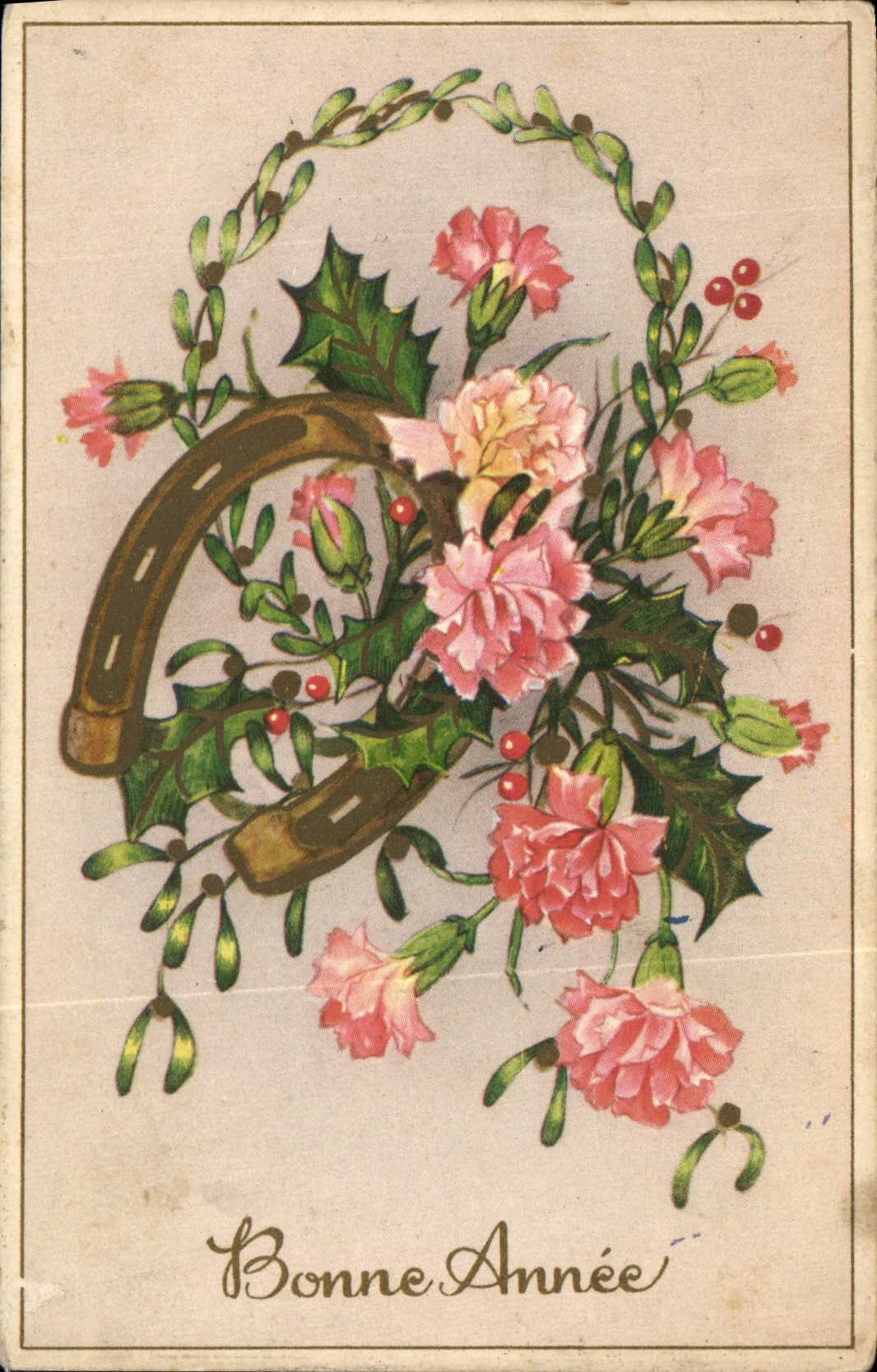 CPA Bonne Annee fleurs Fer a cheval