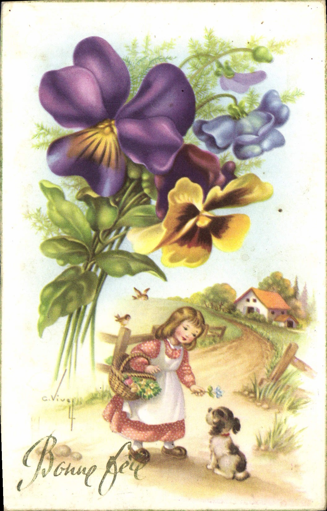 CPA Bonne Fete fleurs Enfant Chien