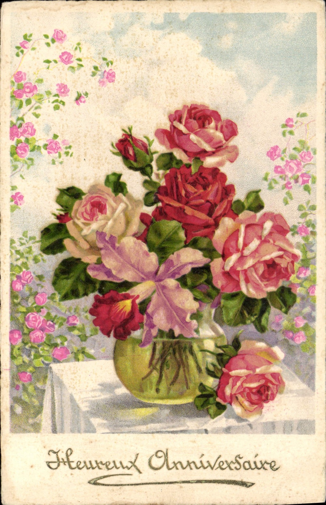 CPA Heureux Anniversaire Fleurs