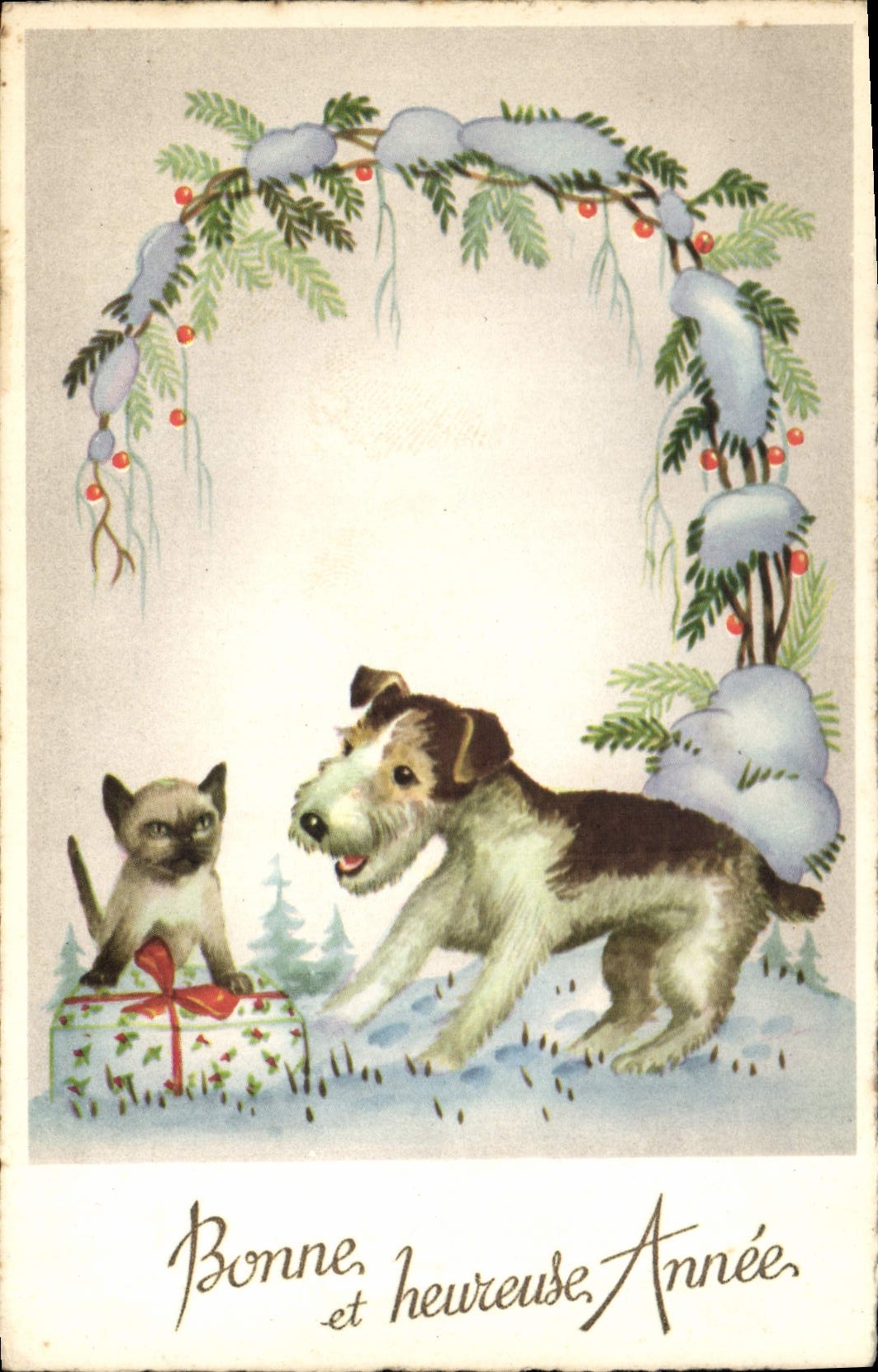 CPA Bonne et heureuses Annee Chien Chat