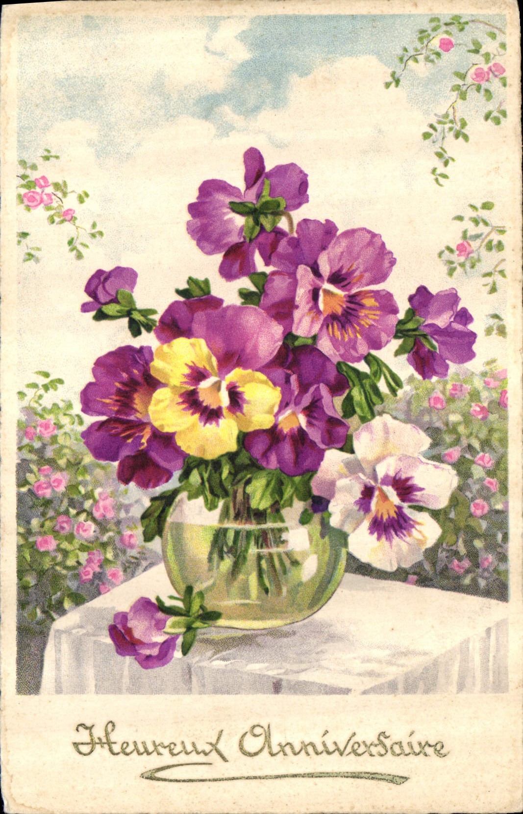CPA Heureux Anniversaire Fleurs