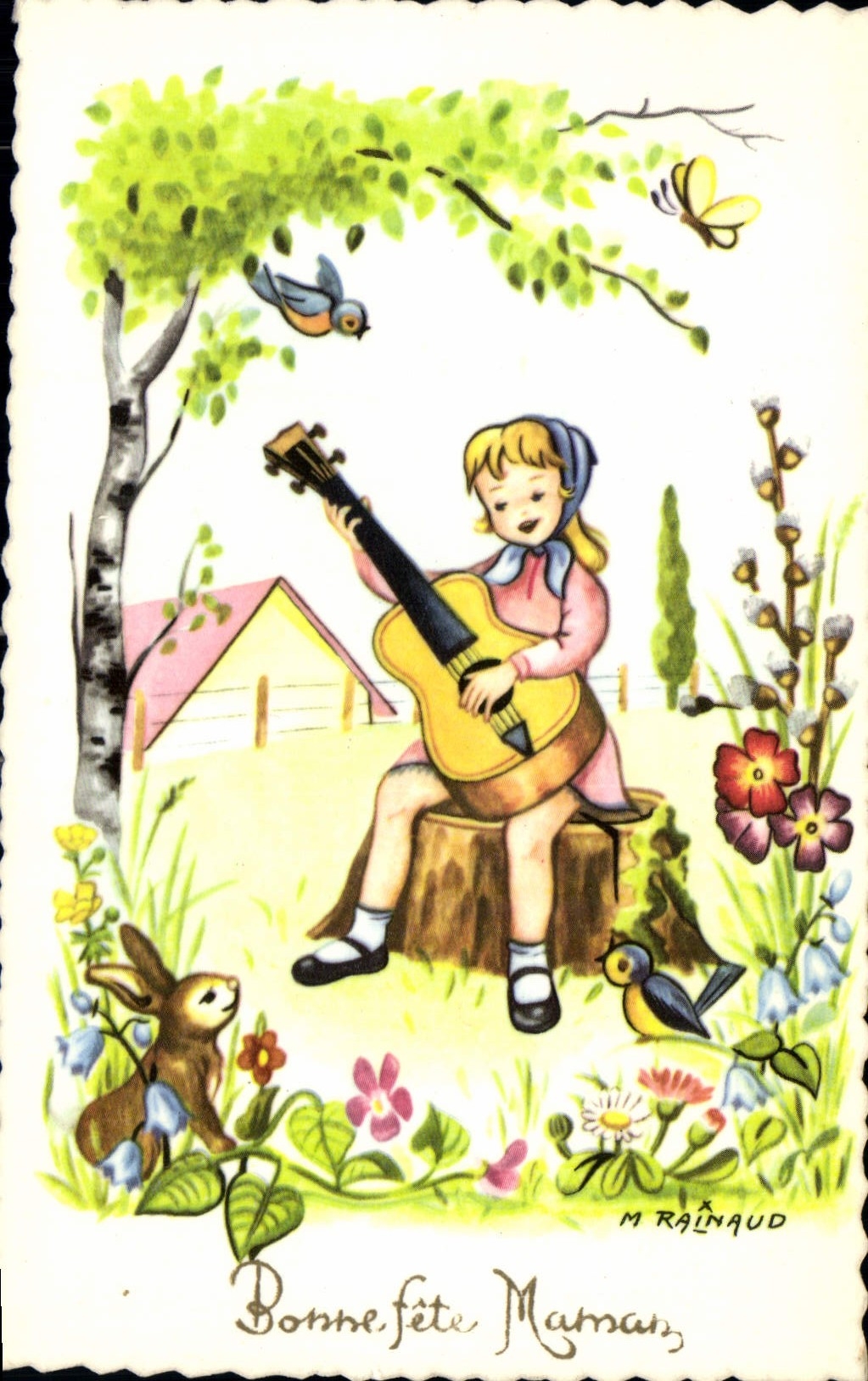 CPA Bonne Fete Maman Enfant Guitare Lapin