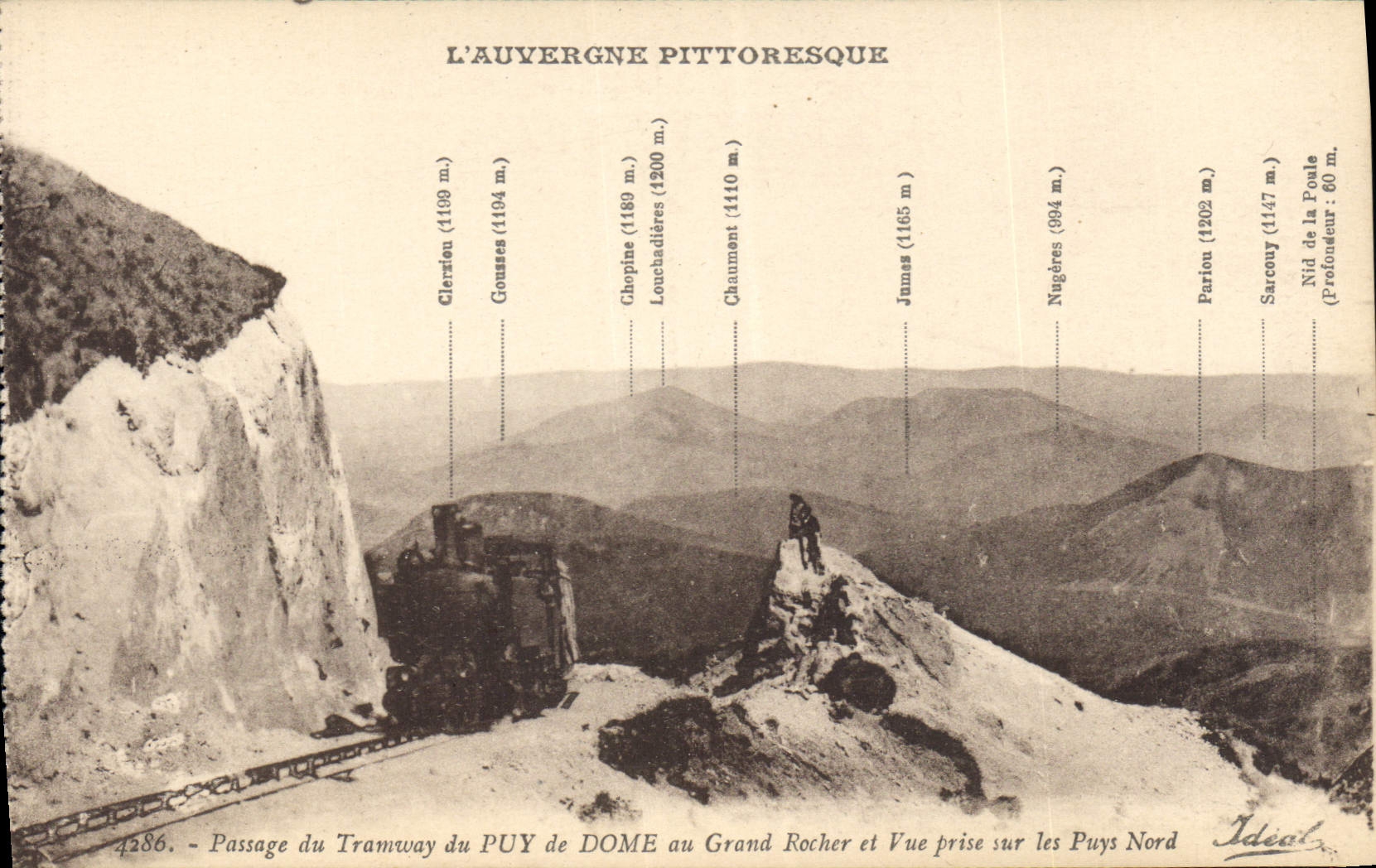 CPA Passage du Tramway du Puy de Dome au Grand et Vue prise sur les Puys Nord Train