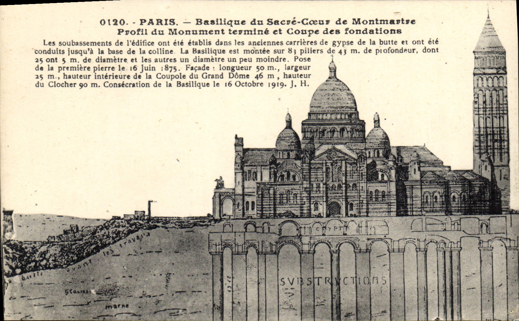 CPA Paris Basilique du Sacre Coeur de Montmartre Profil du Monument Termine et Coupe des Fondations