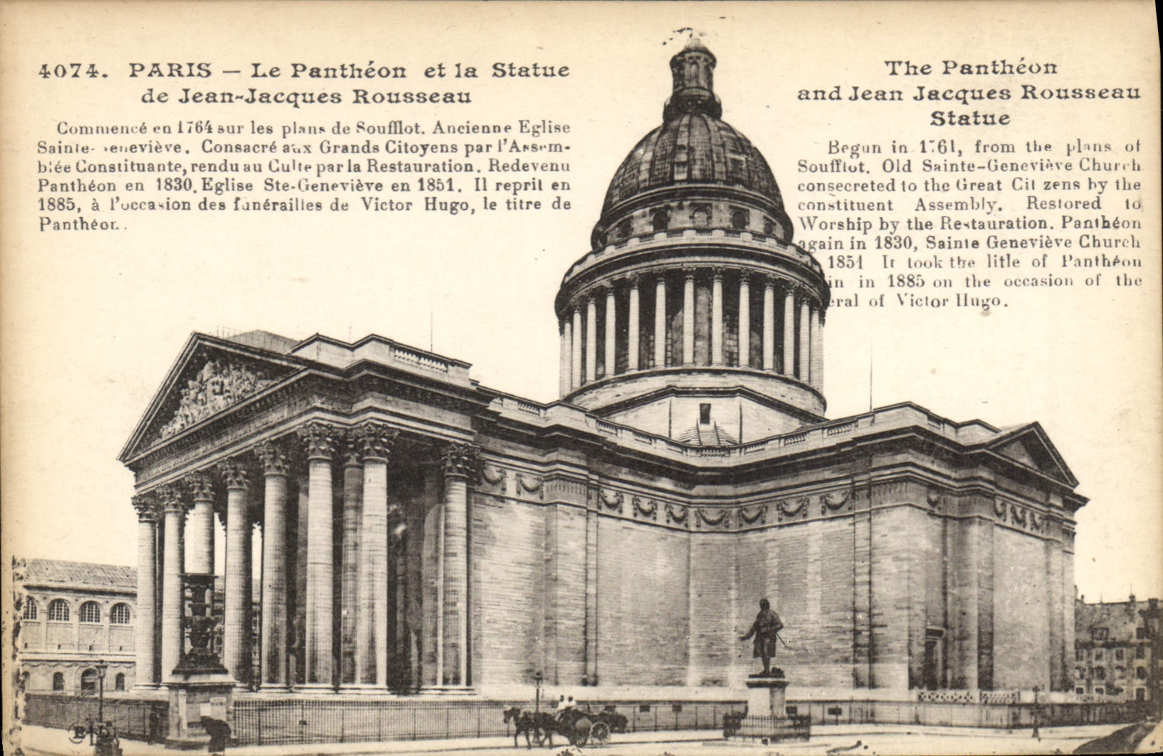 CPA Paris le Pantheon et la statue de Jean Jacques Rousseau