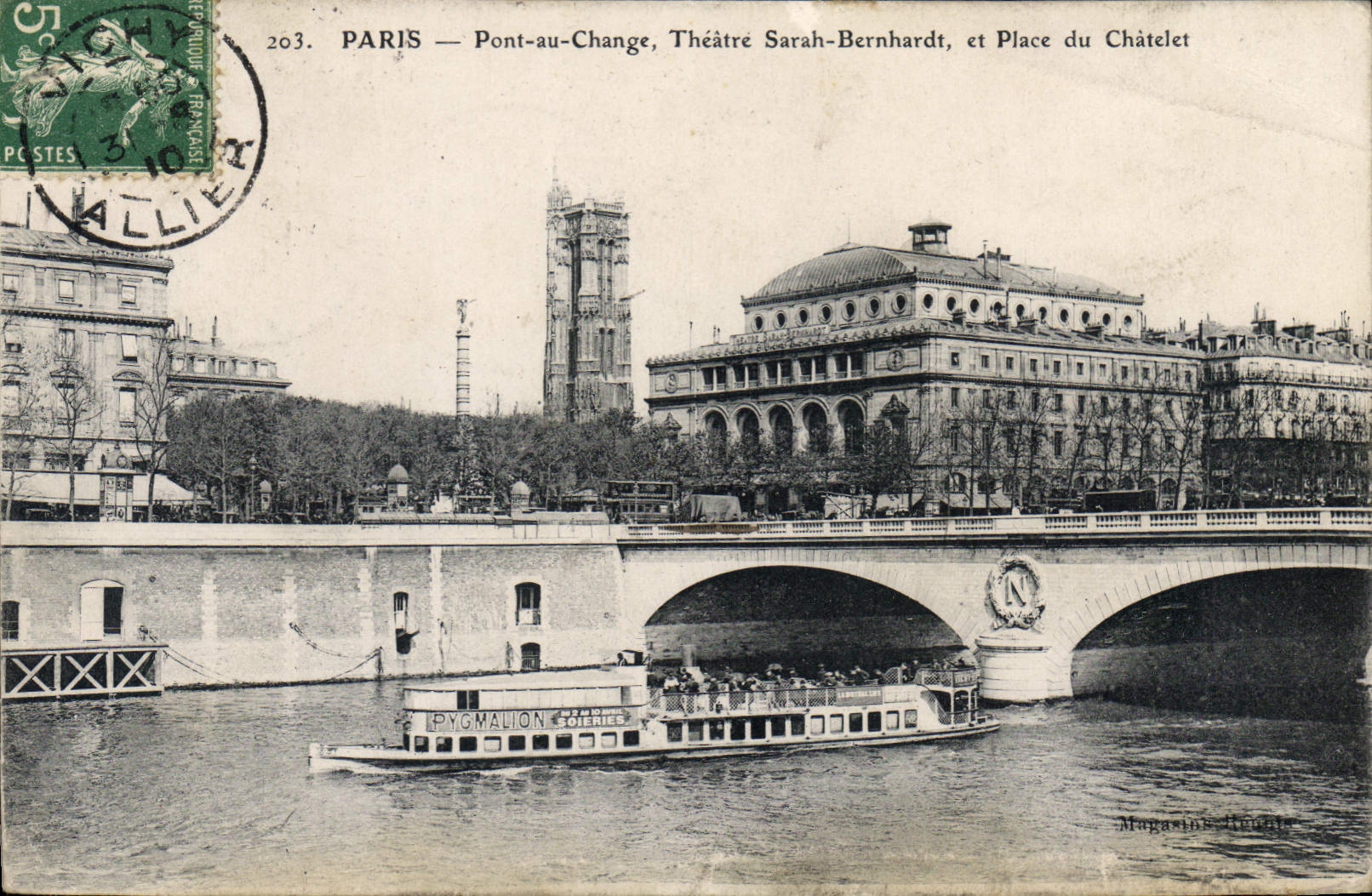 CPA Paris Pont au Change Theatre Sarah Bernhardt et Place du Chatelet Bateau
