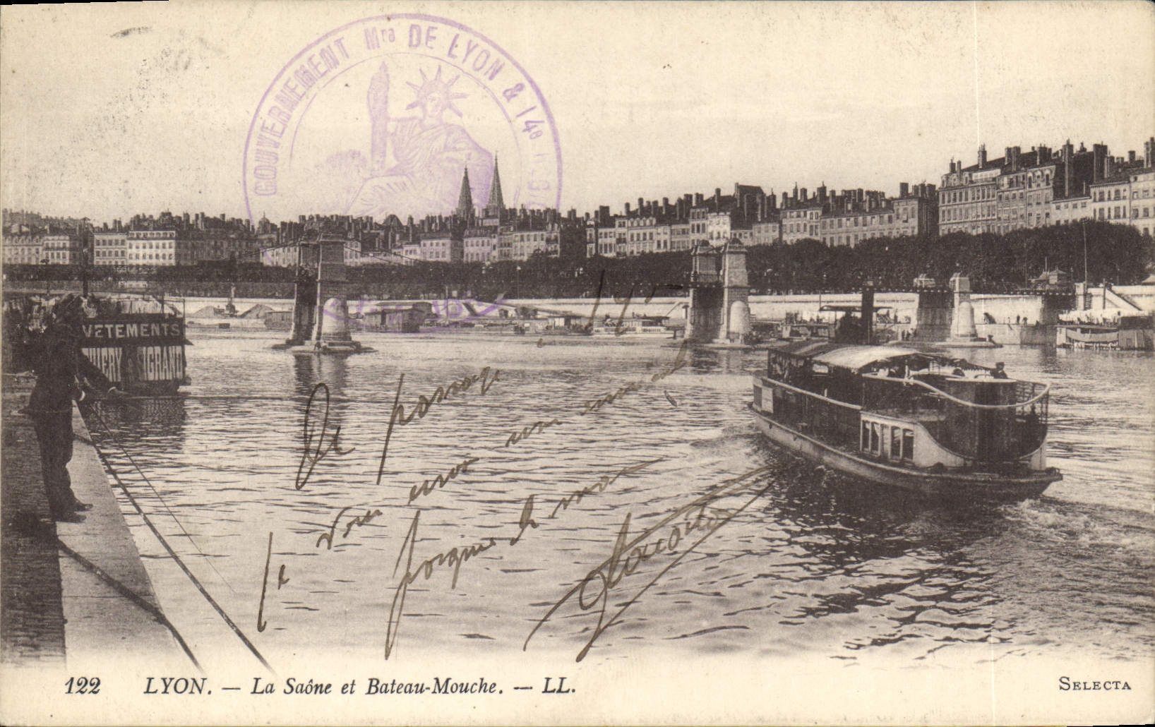 CPA Lyon La Saone et Bateau Mouche Peche Pecheur
