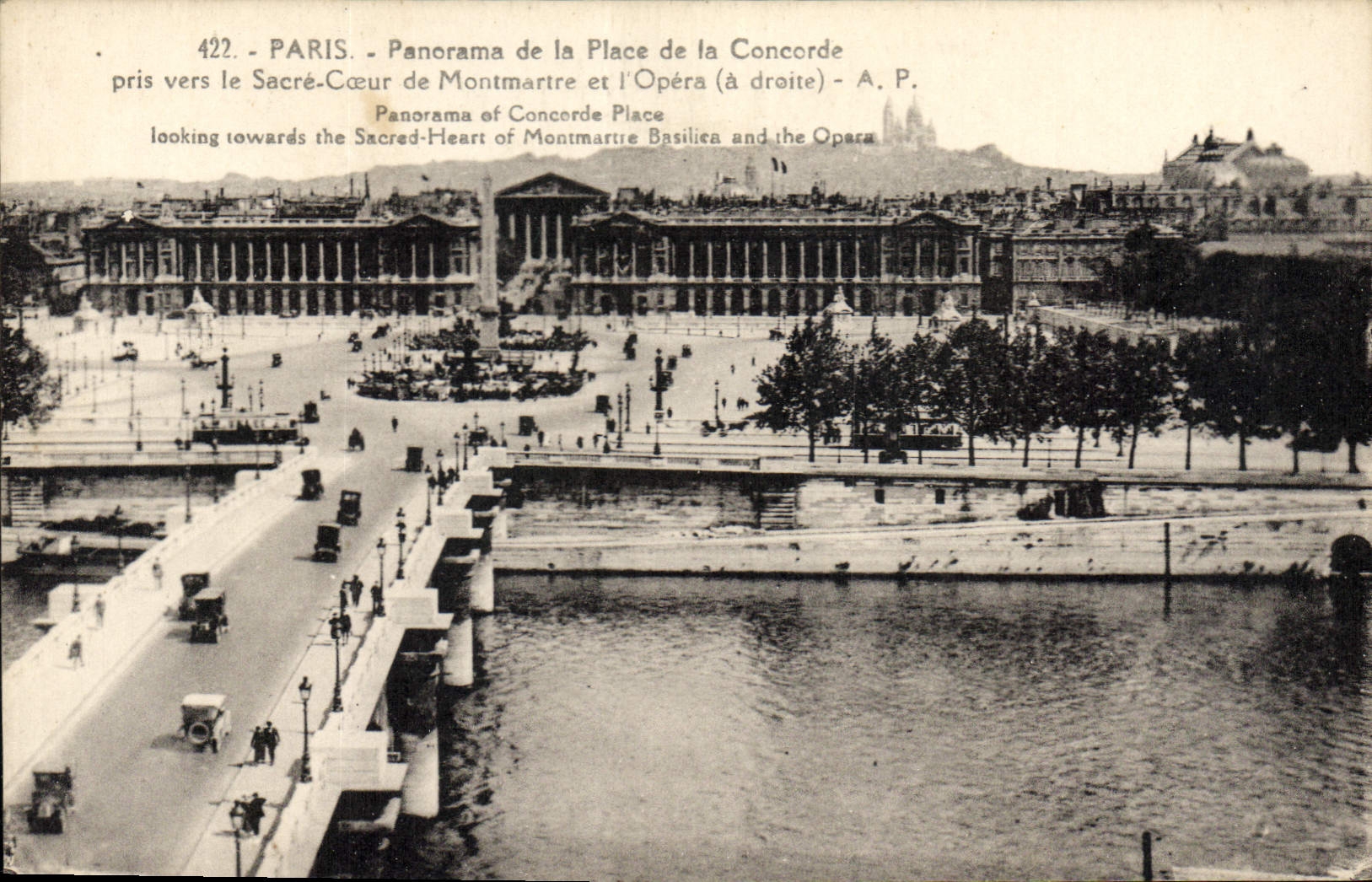 CPA Paris Panorama de la Place de la concorde pris vers le Sacre Coeur de Montmartre et l'Opera a dr