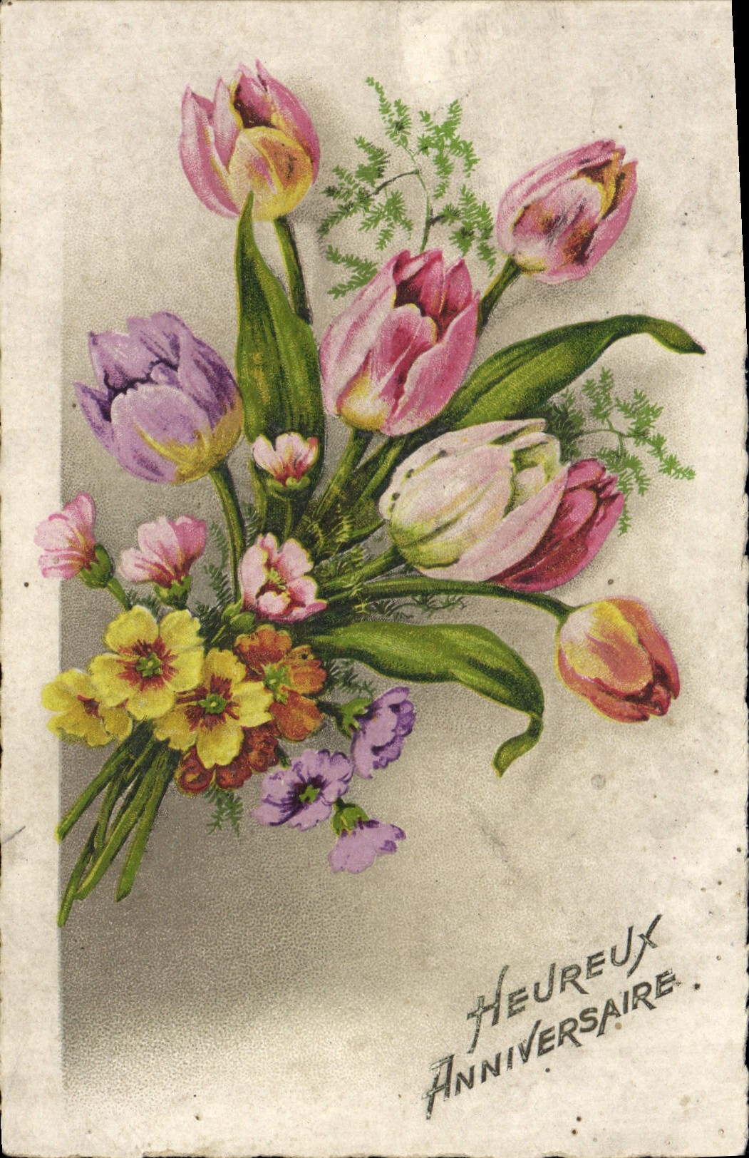 CPA Heureux Anniversaire fleurs