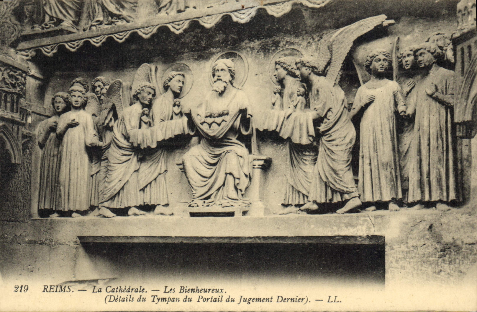 CPA Reims La Cathedrale Les Bienheureux Details du Tympan du Portail du Jugement Dernier 