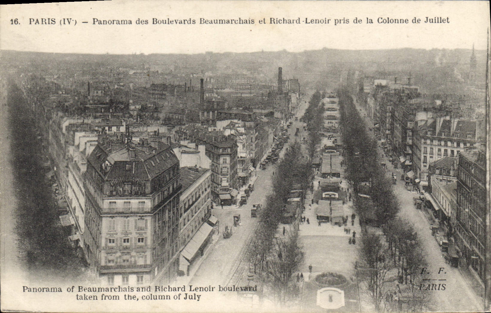 CPA Paris Panorama des Boulevarde Beaumarchais et Richard Lenoir pris de la Colone de Juillet