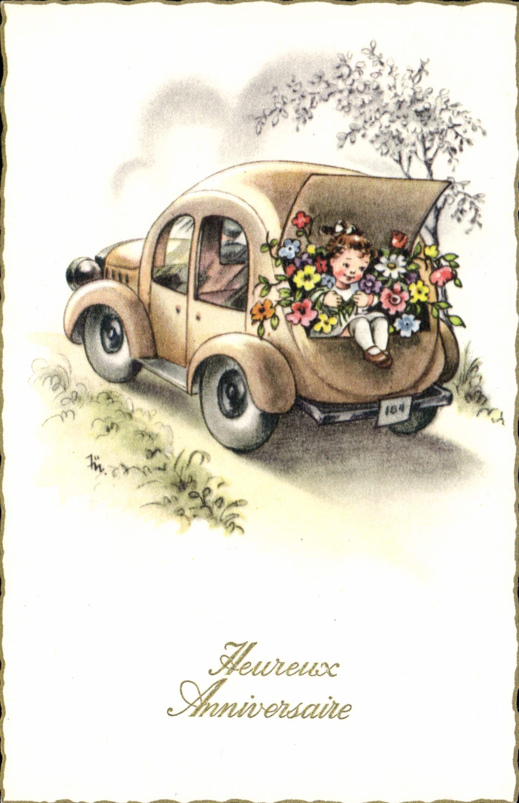 CPA Heureux Anniversaire Enfant Automobile Fleurs