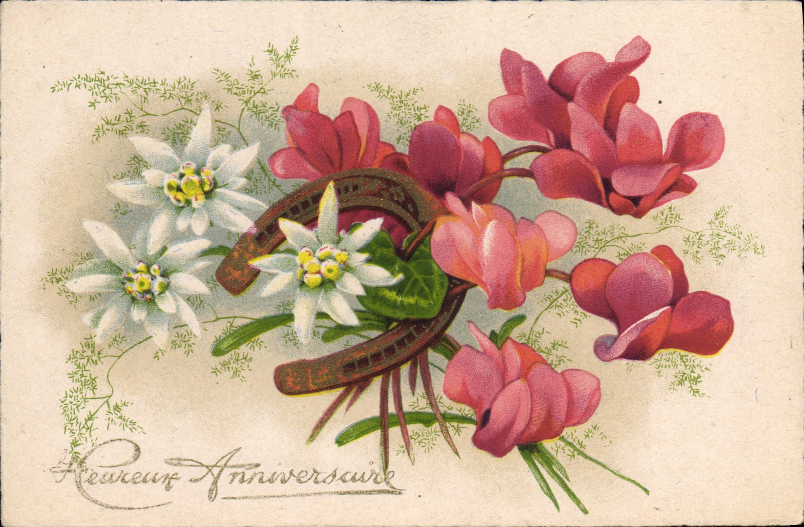 CPA Heureux Anniversaire Fleurs Fer a cheval
