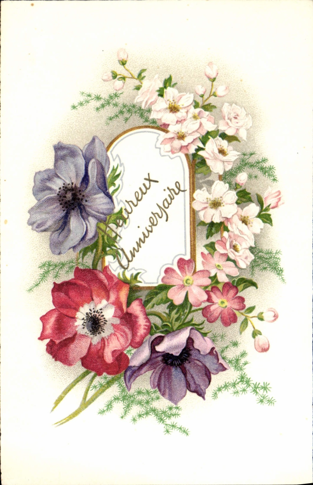 CPA Heureux Anniversaire Fleurs Fer a cheval